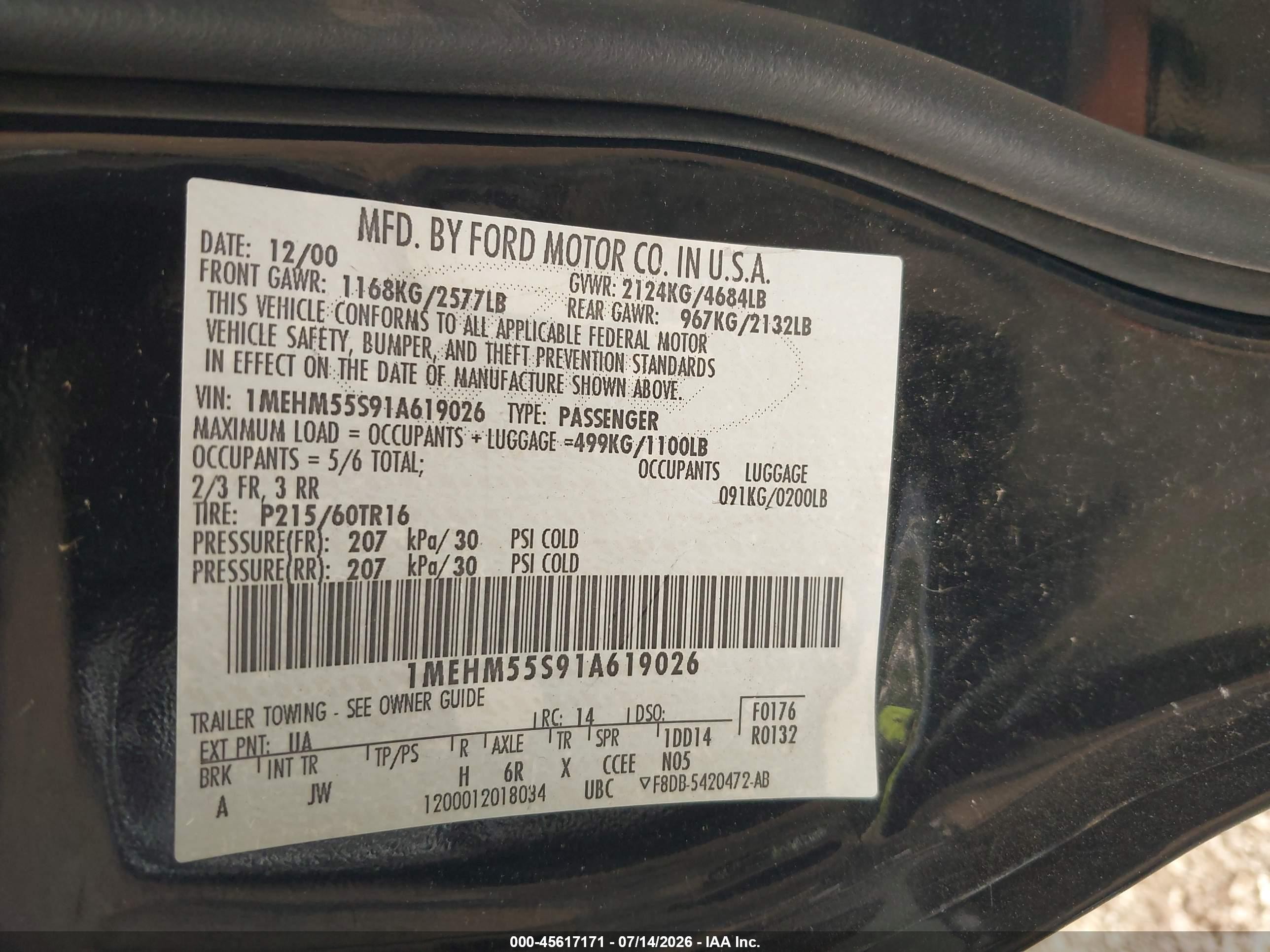 2001 Mercury Sable Ls Premium Black vin: 1MEHM55S91A619026