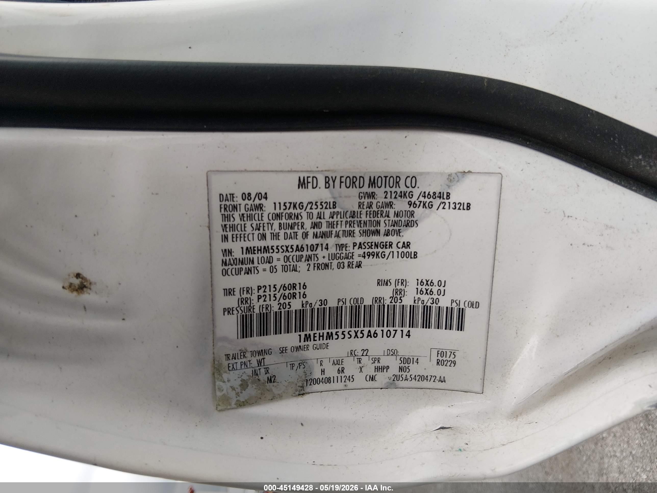 2005 Mercury Sable Ls White vin: 1MEHM55SX5A610714
