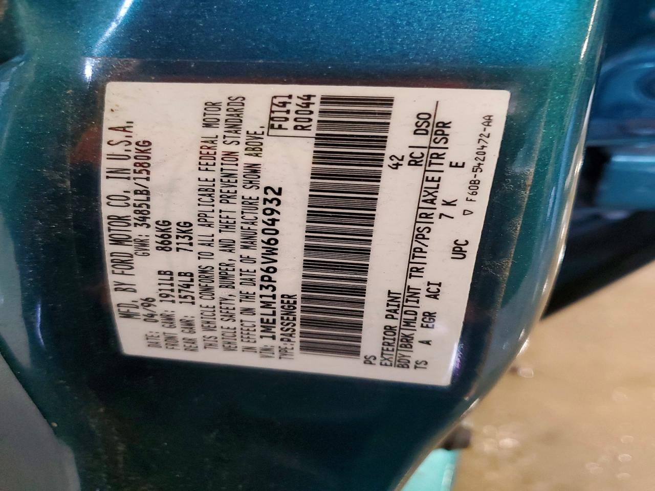 1997 Mercury Tracer Ls Teal vin: 1MELM13P6VW604932