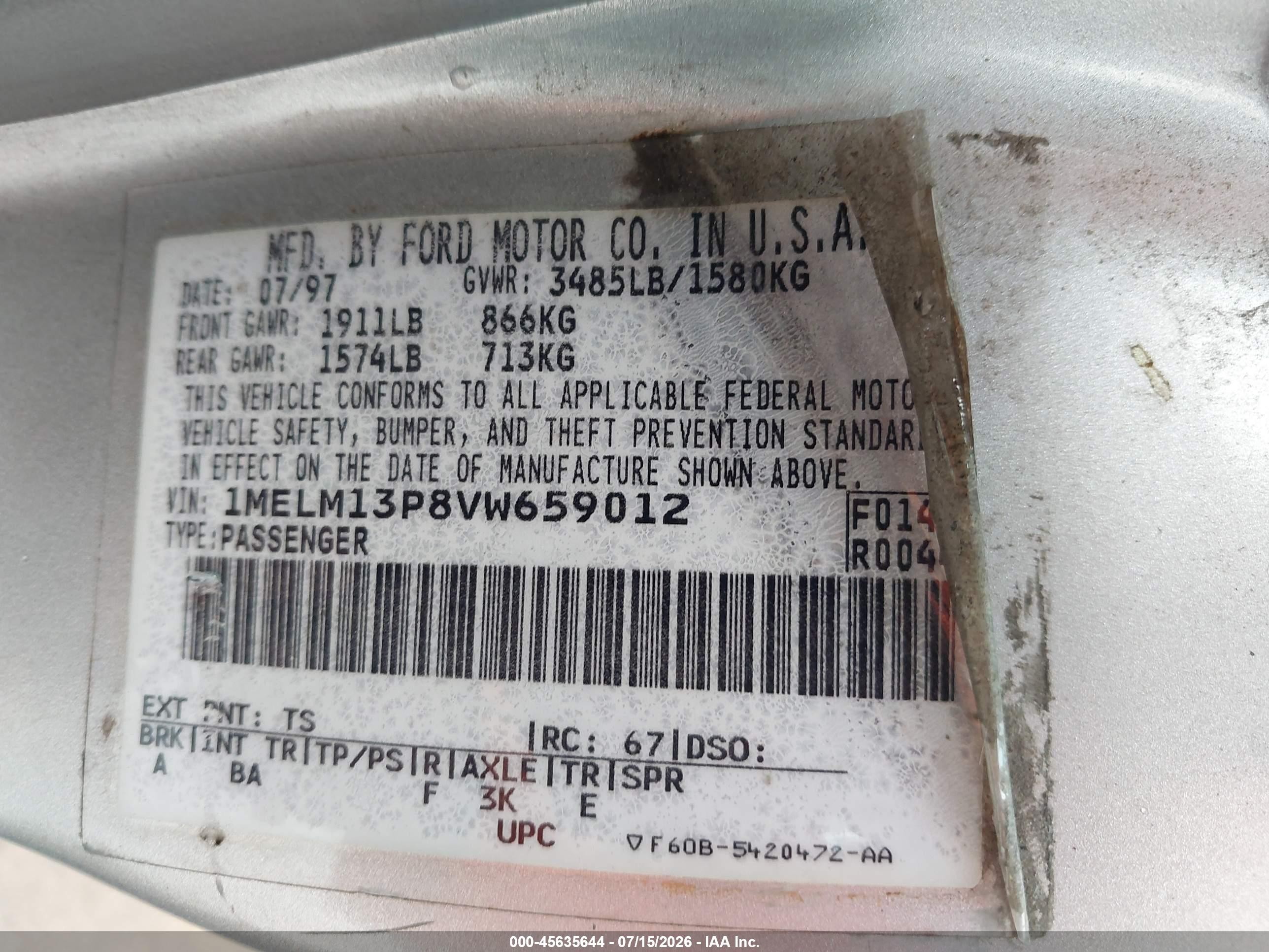 1997 Mercury Tracer Ls Silver vin: 1MELM13P8VW659012