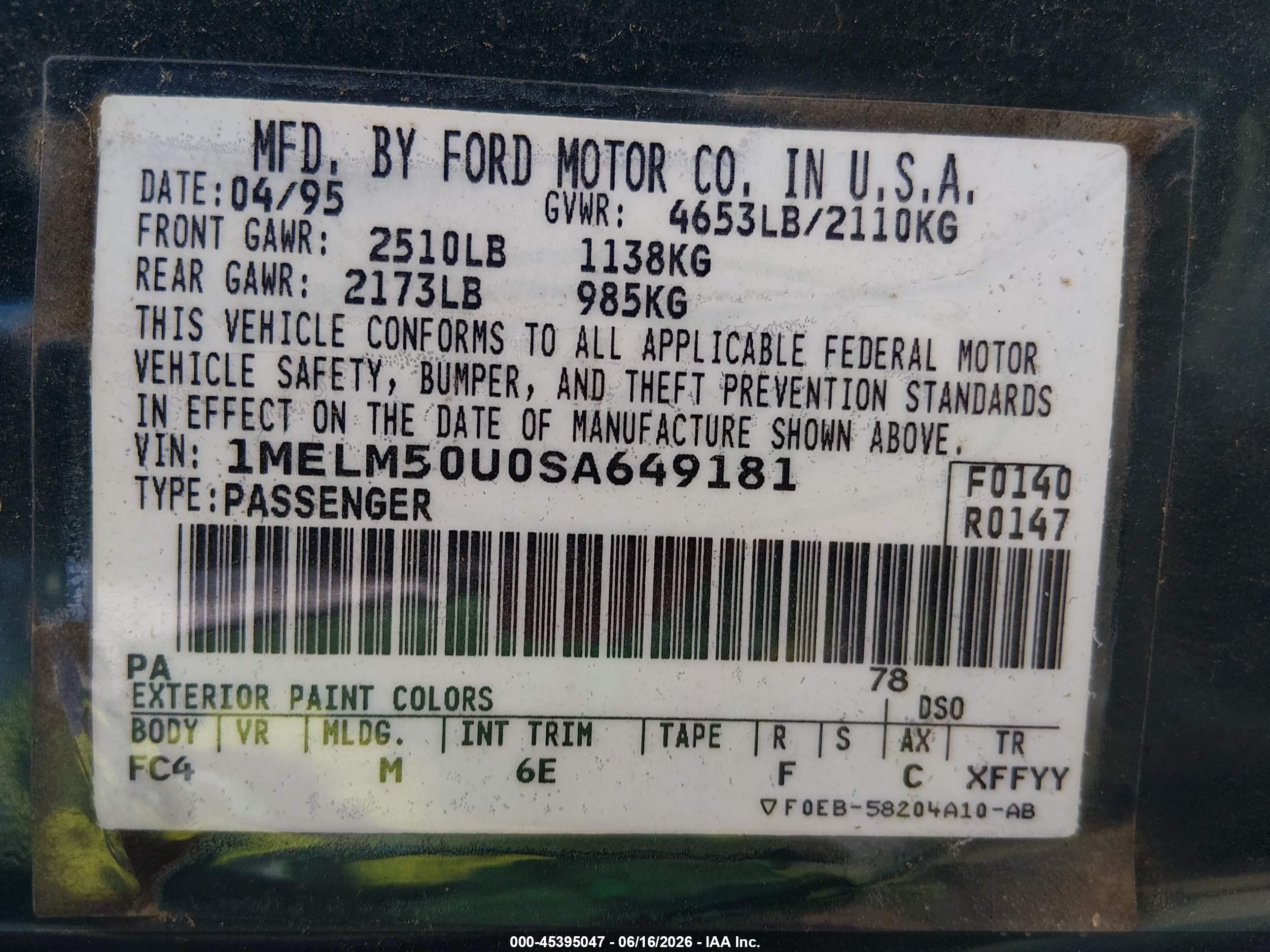 1995 Mercury Sable Gs Green vin: 1MELM50U0SA649181