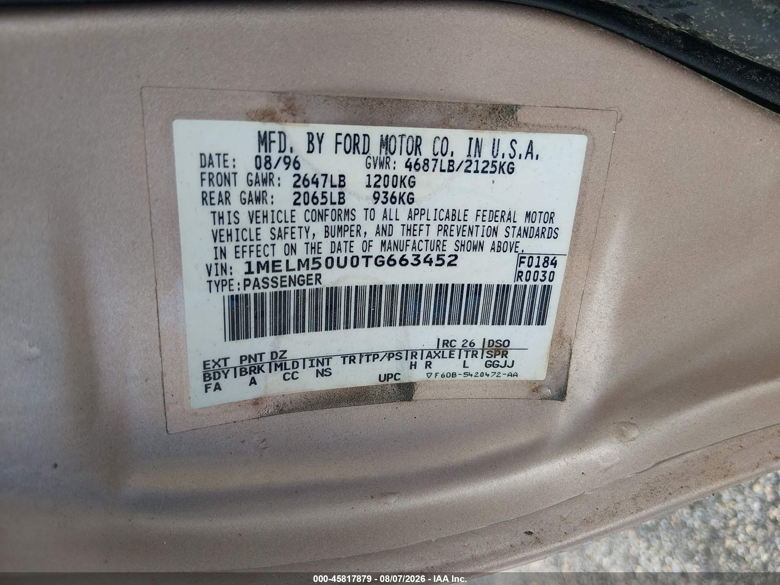 1996 Mercury Sable Gs Gold vin: 1MELM50U0TG663452