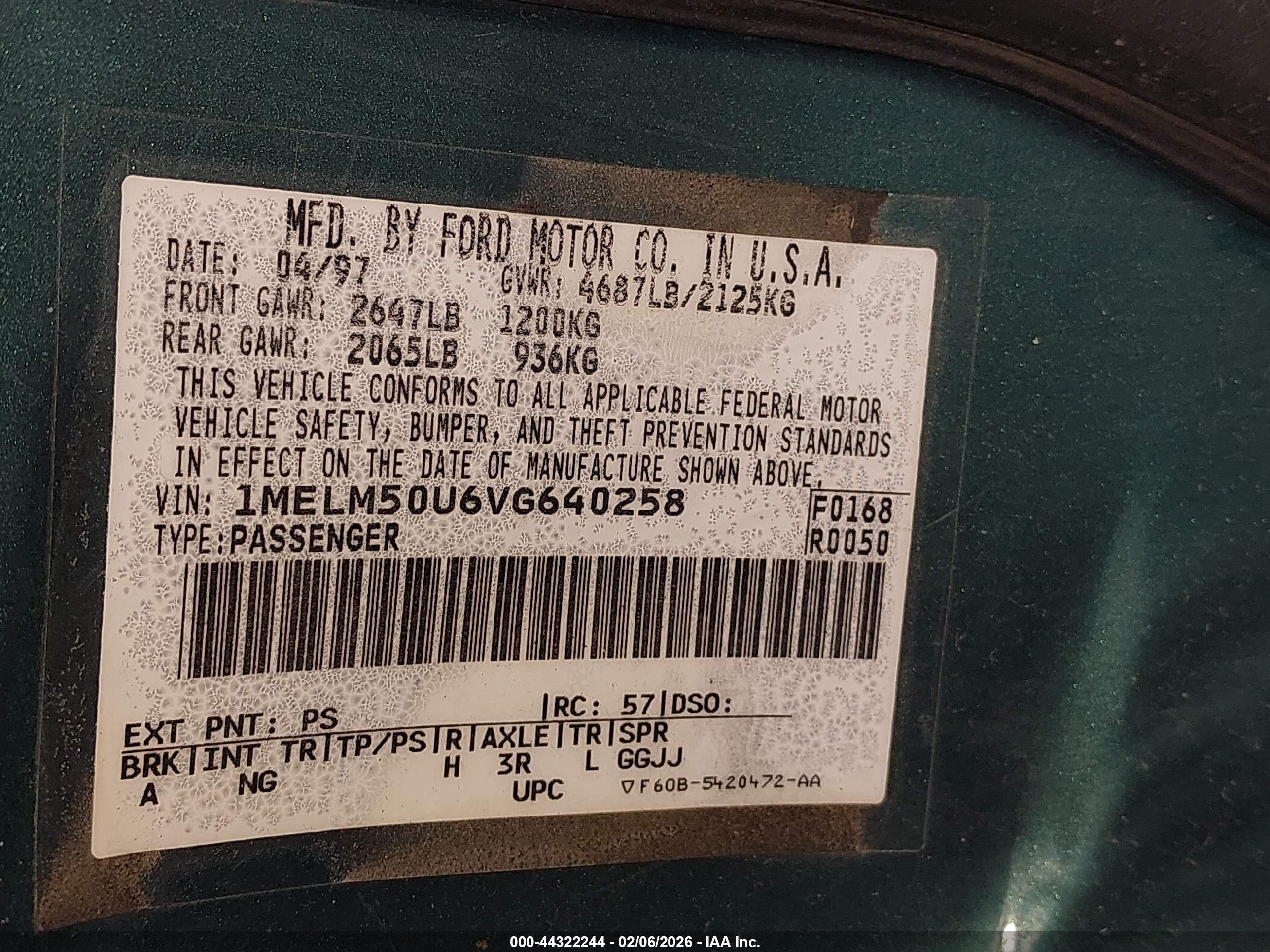 1997 Mercury Sable Gs Green vin: 1MELM50U6VG640258