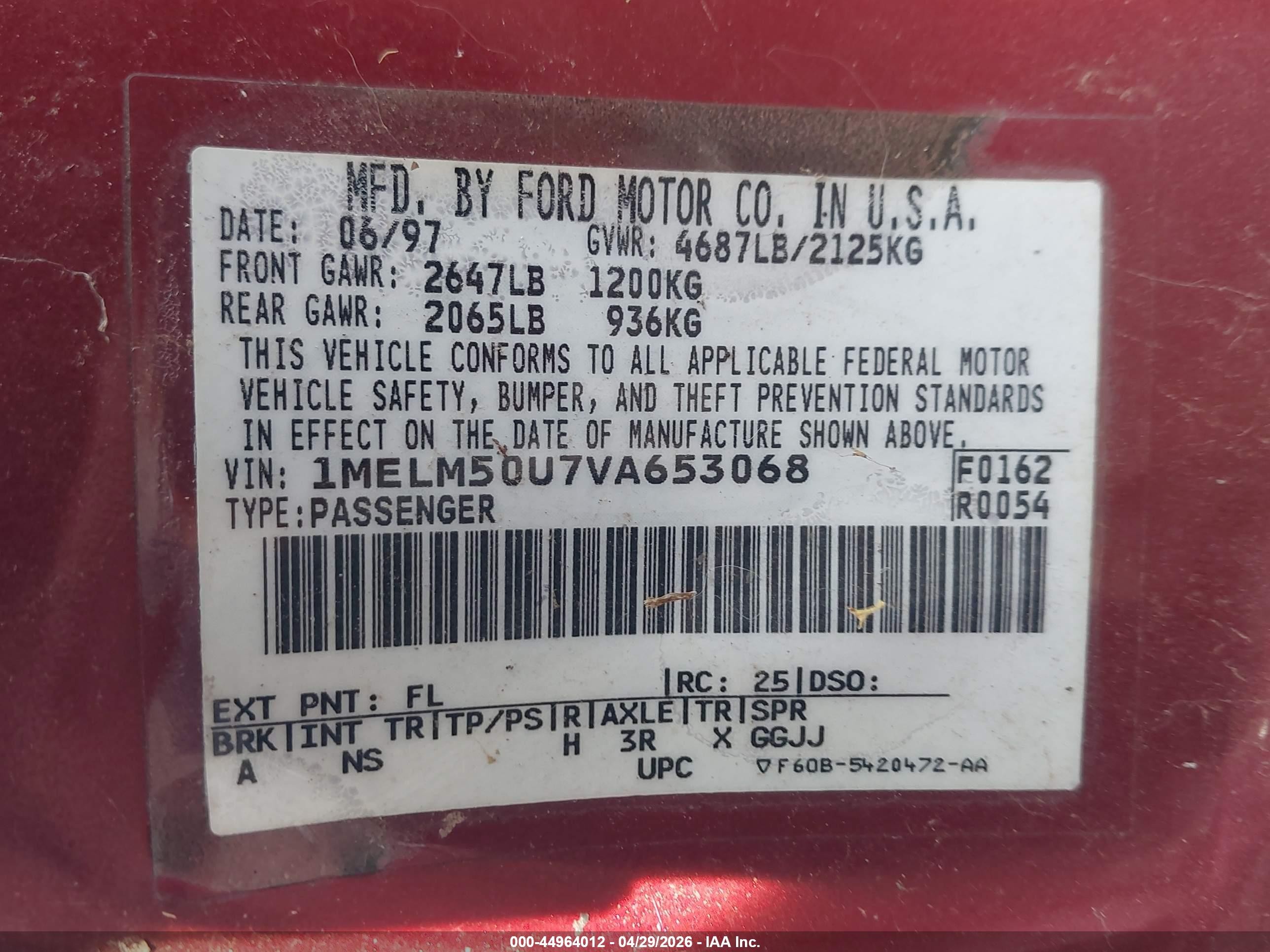 1997 Mercury Sable Gs Red vin: 1MELM50U7VA653068