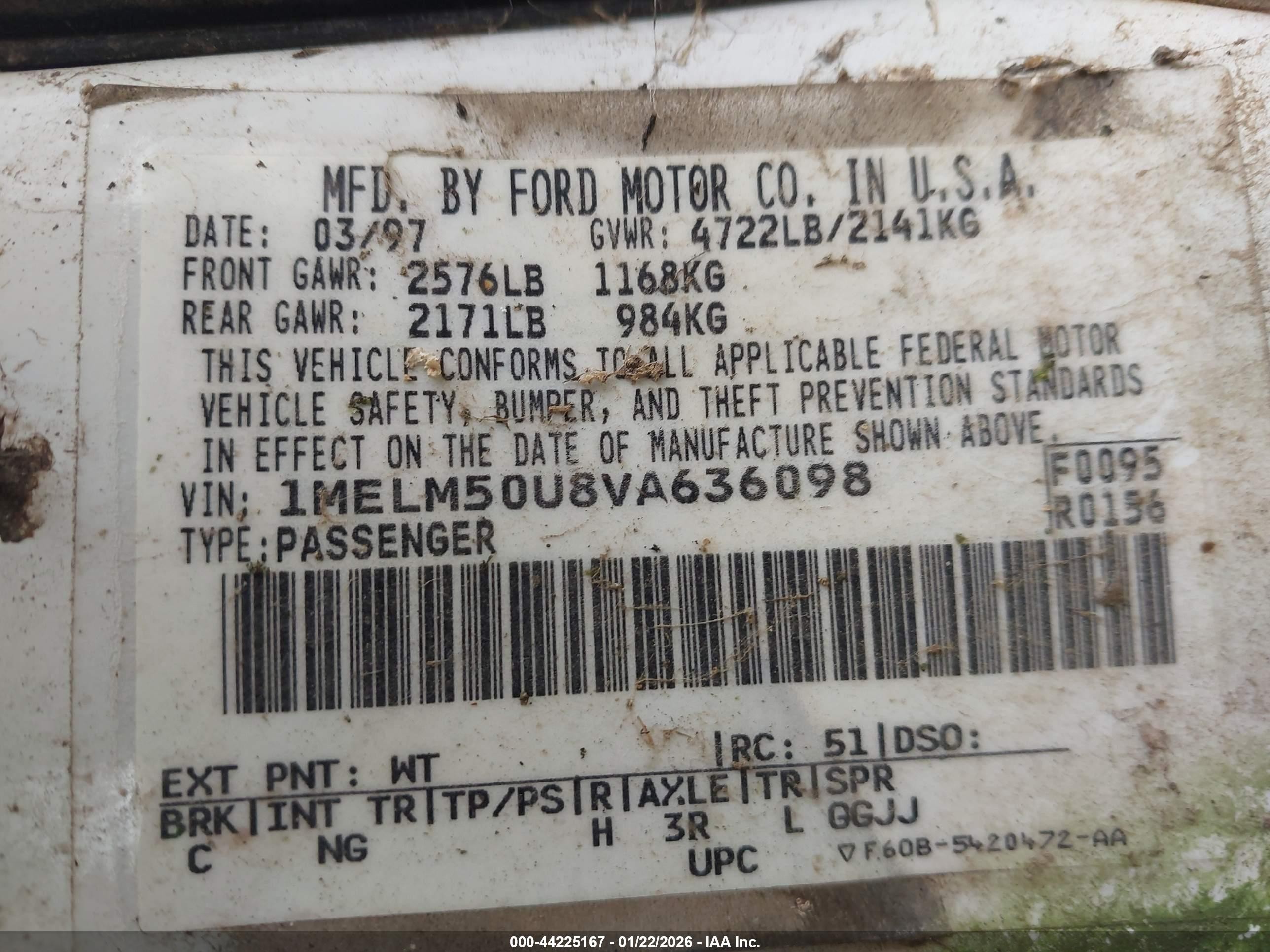 1997 Mercury Sable Gs White vin: 1MELM50U8VA636098