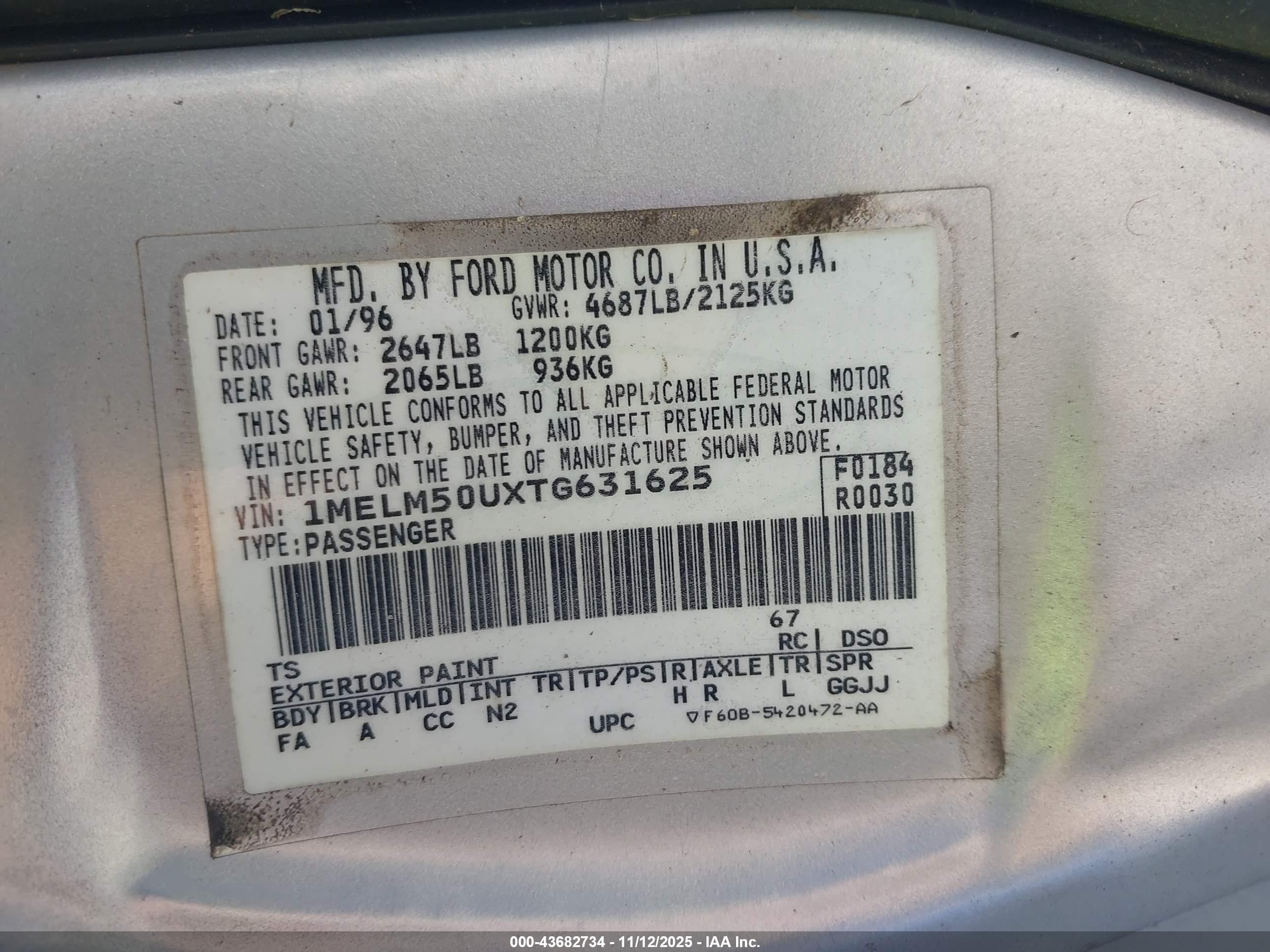 1996 Mercury Sable Gs Silver vin: 1MELM50UXTG631625