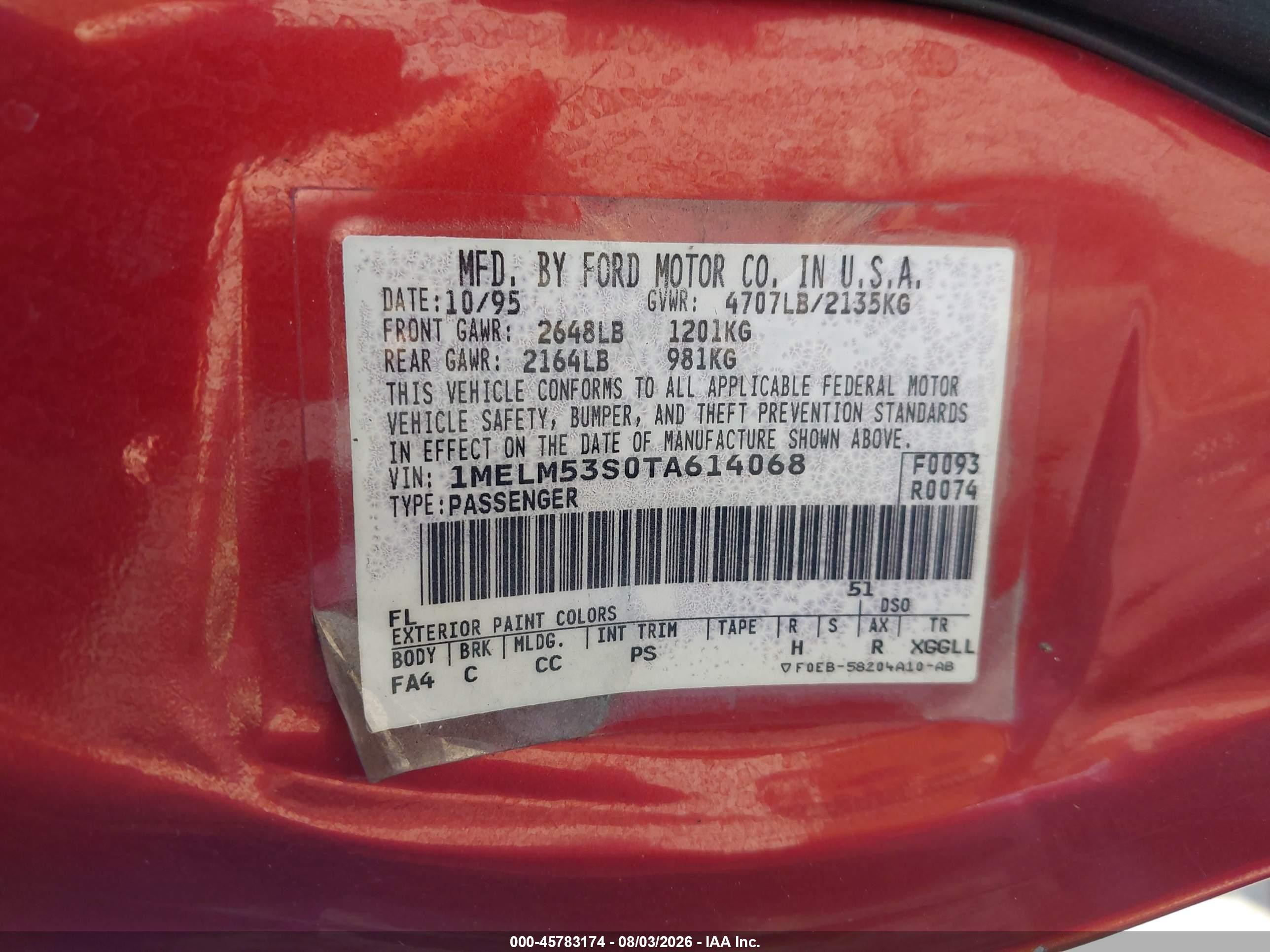 1996 Mercury Sable Ls Red vin: 1MELM53S0TA614068