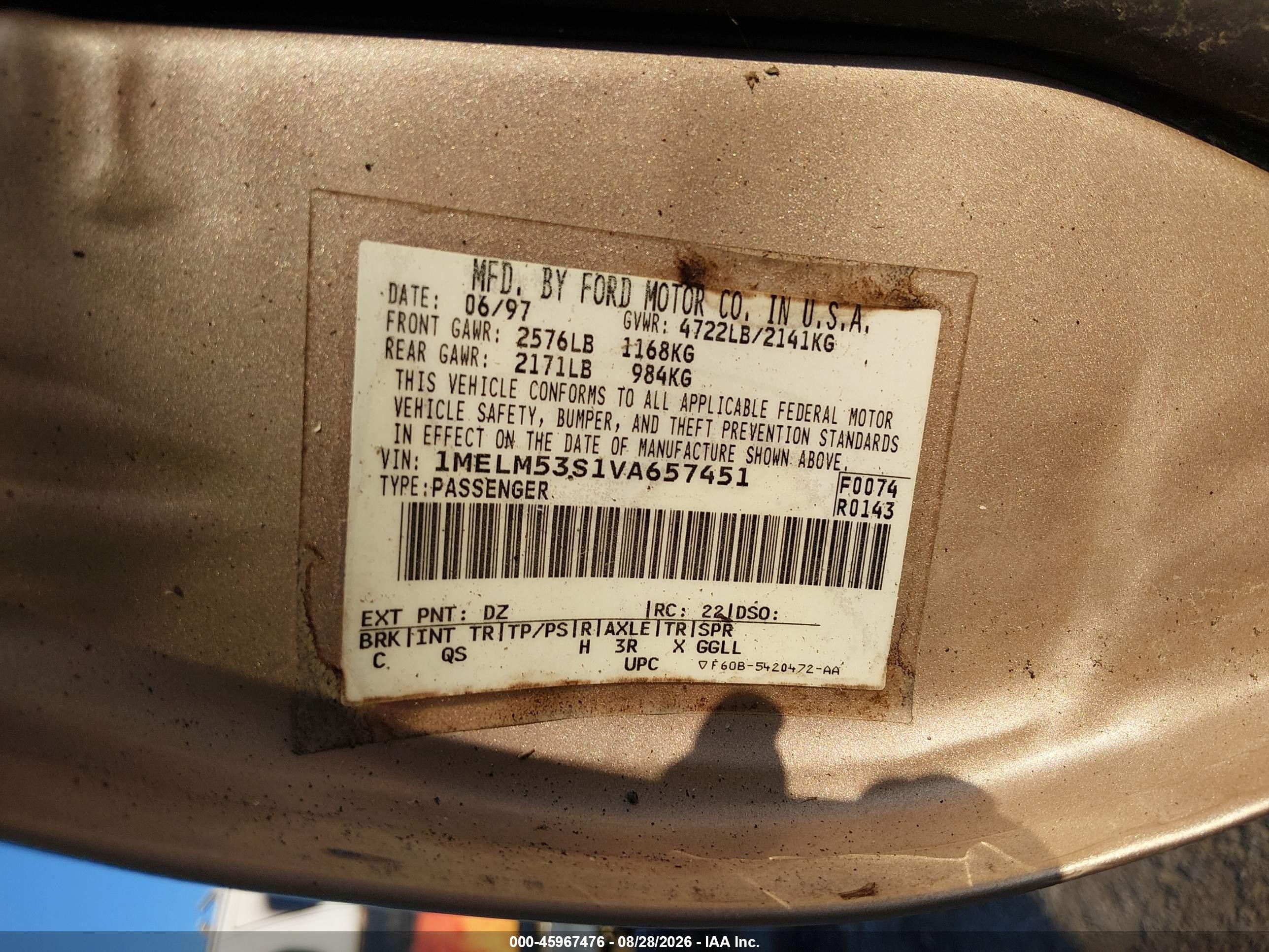 1997 Mercury Sable Ls Gold vin: 1MELM53S1VA657451