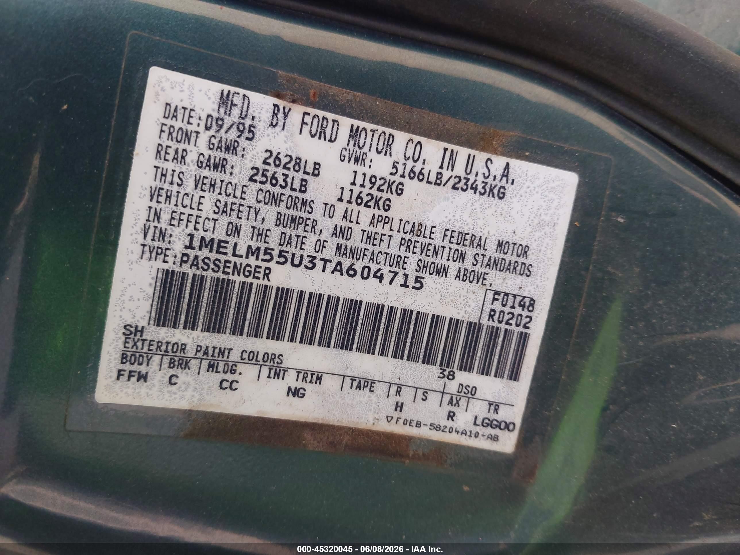 1996 Mercury Sable Gs Green vin: 1MELM55U3TA604715