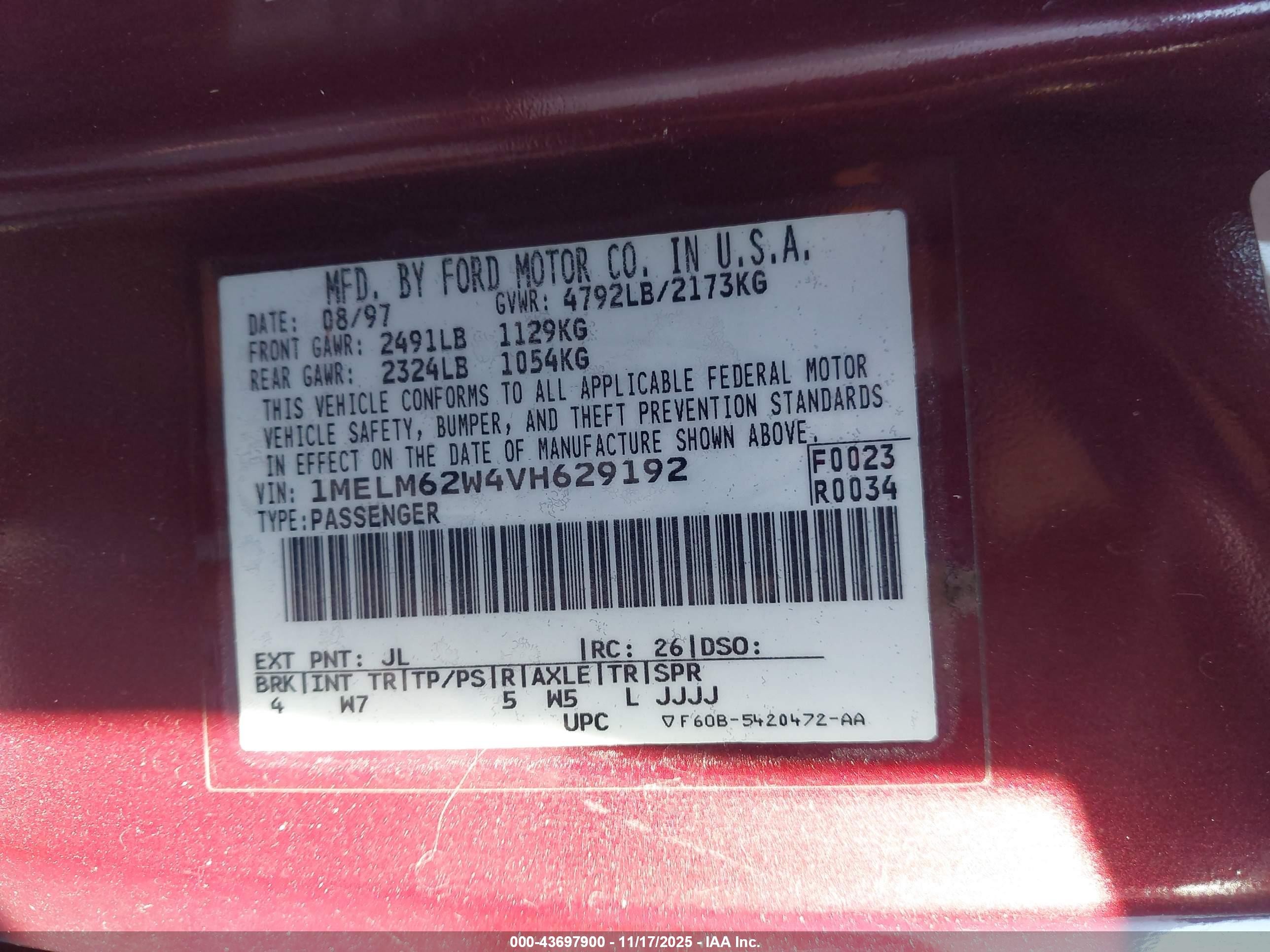 1997 Mercury Cougar Xr7 Maroon vin: 1MELM62W4VH629192