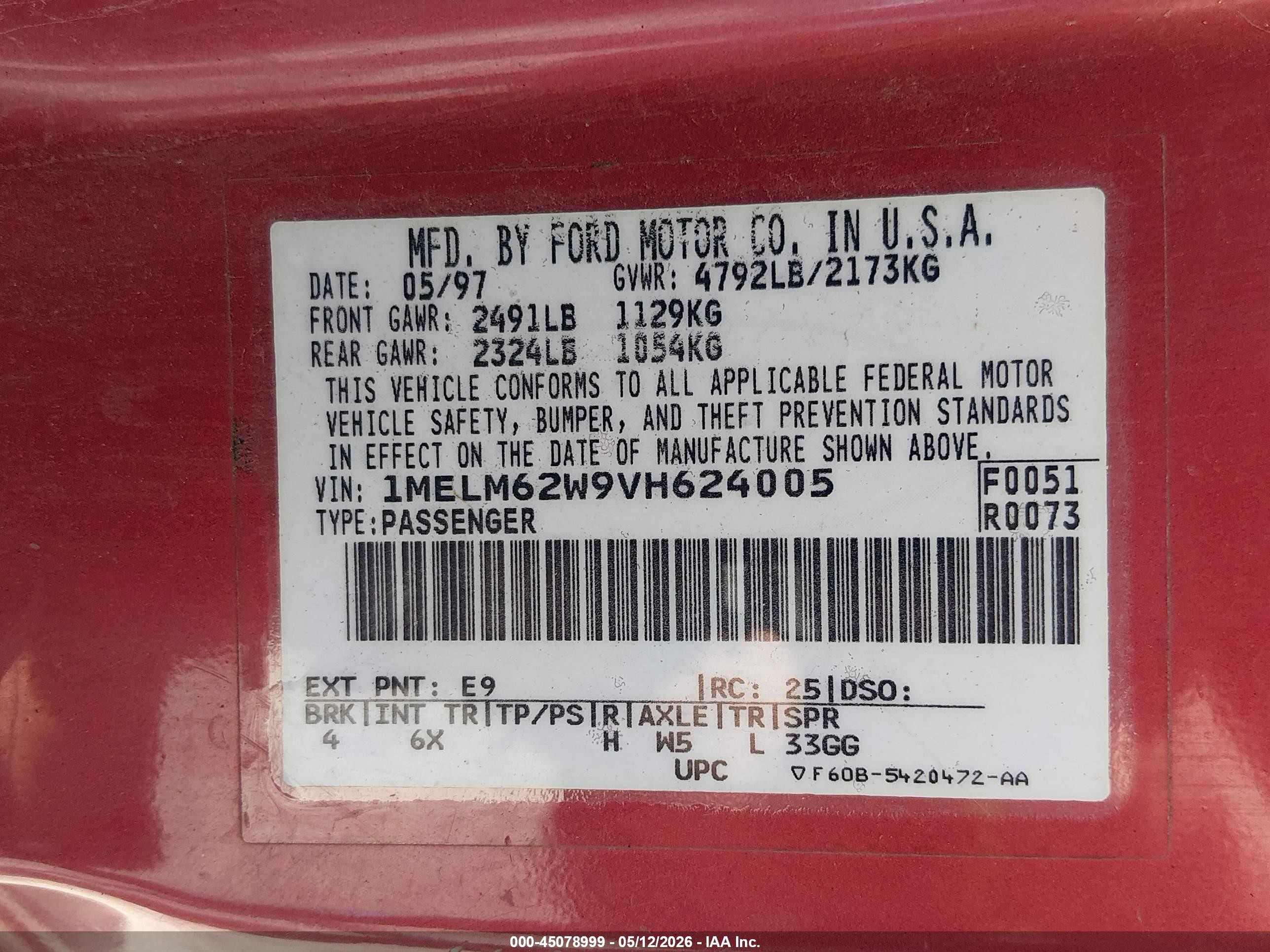 1997 Mercury Cougar Xr7 Red vin: 1MELM62W9VH624005