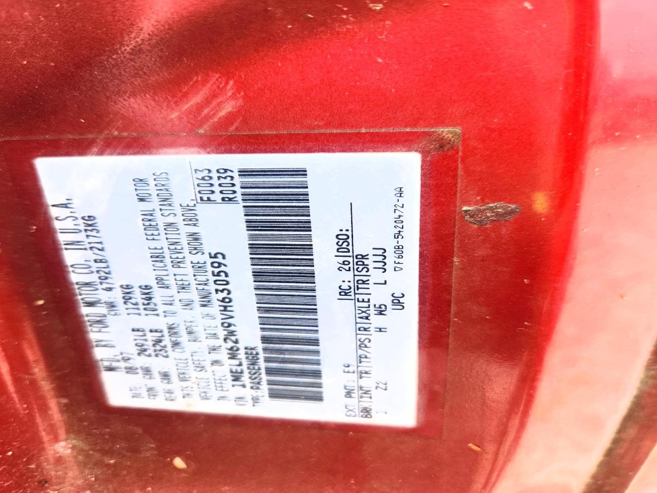 1997 Mercury Cougar Xr7 Red vin: 1MELM62W9VH630595