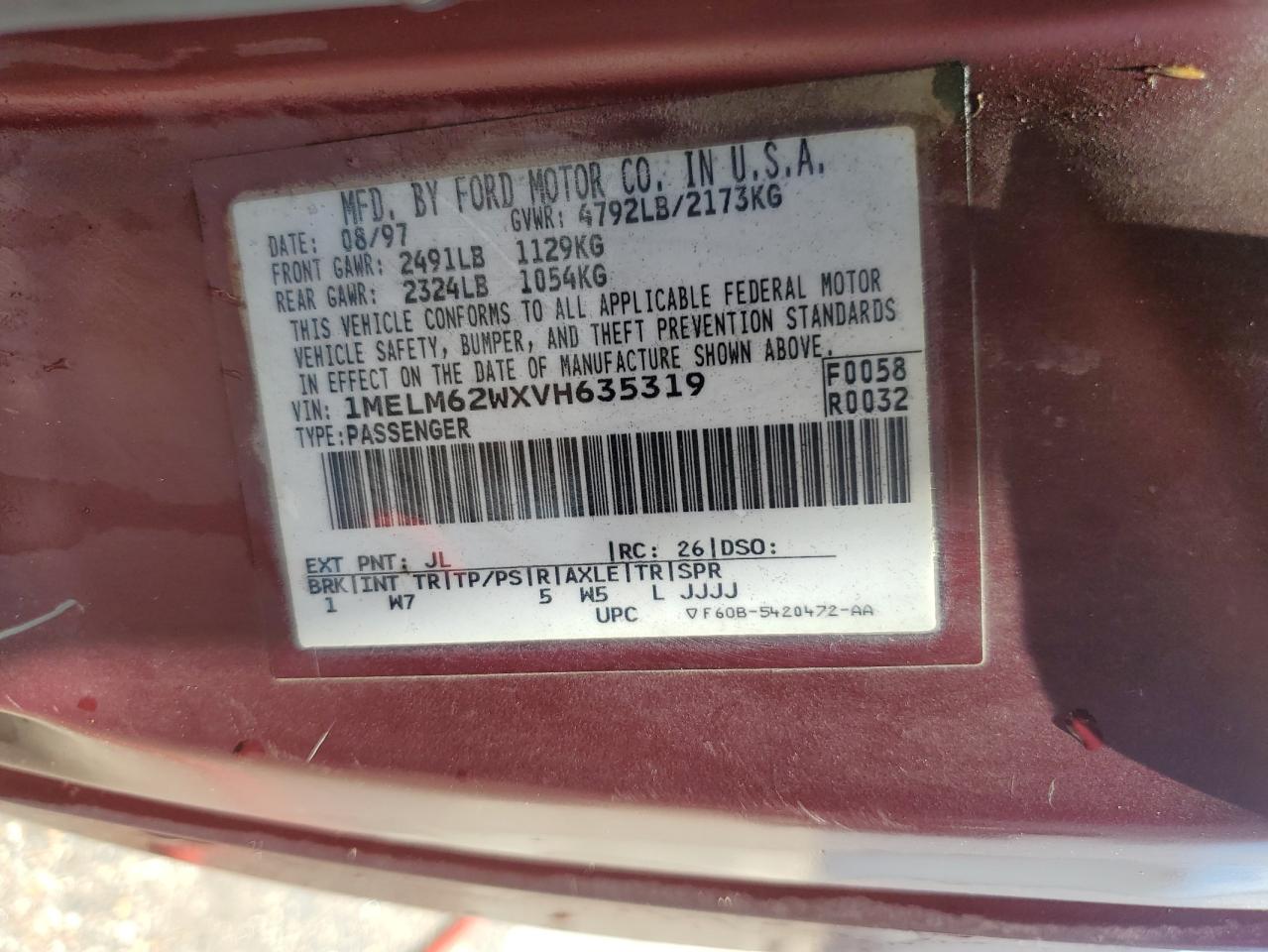1997 Mercury Cougar Xr7 Burgundy vin: 1MELM62WXVH635319