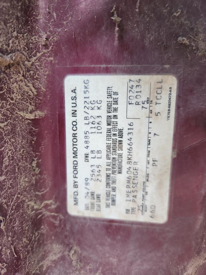 1989 Mercury Cougar Ls Burgundy vin: 1MEPM6048KH664316