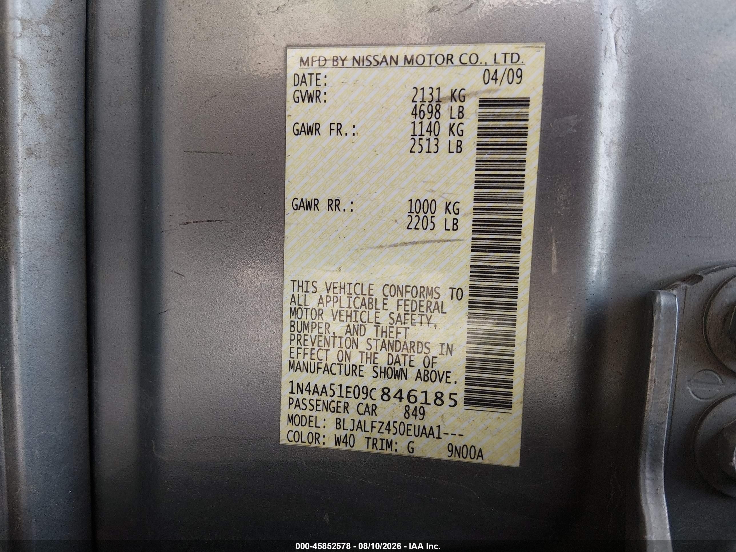 2009 Nissan Maxima 3.5 Sv Gray vin: 1N4AA51E09C846185
