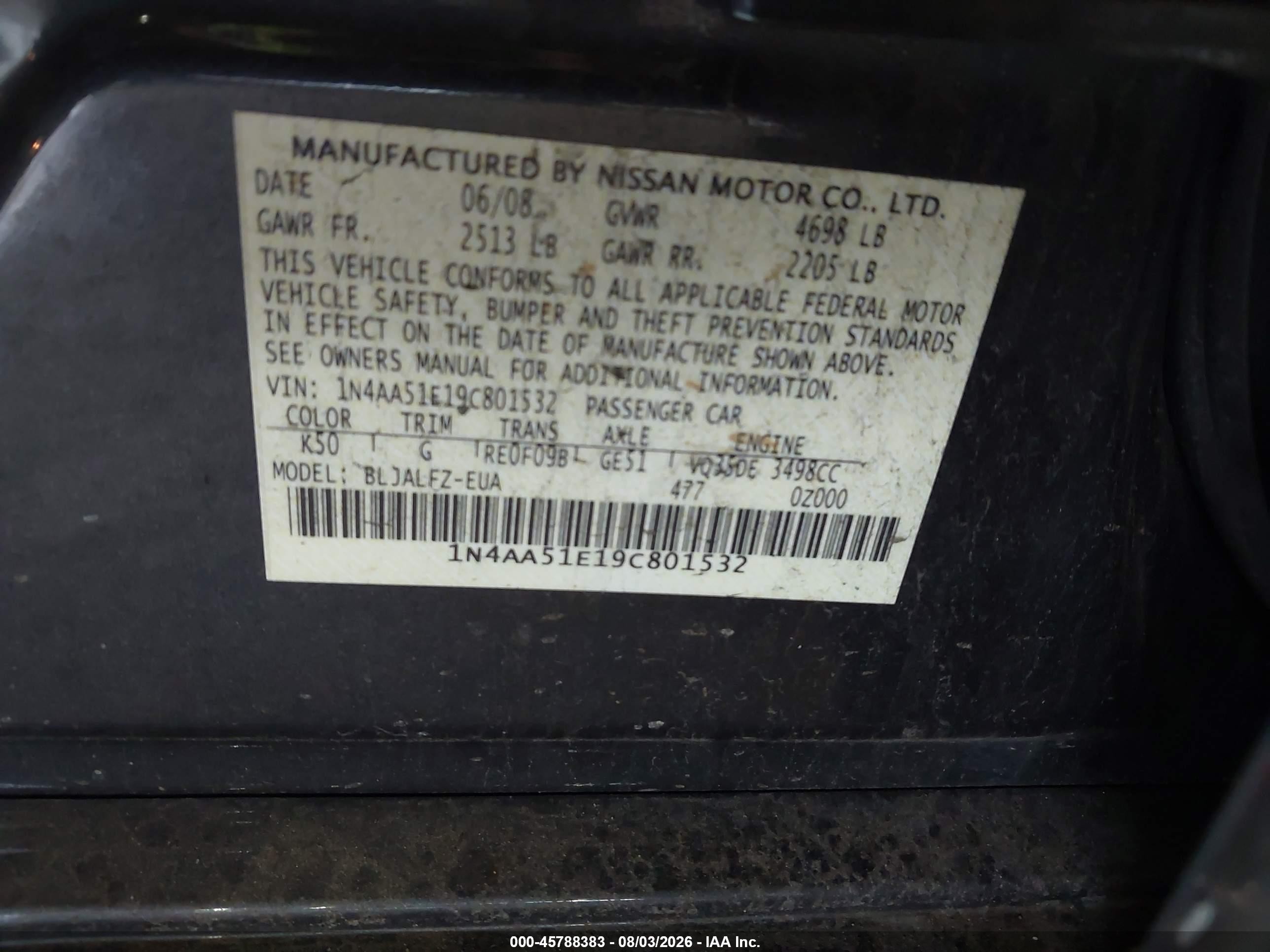 2009 Nissan Maxima 3.5 Sv Black vin: 1N4AA51E19C801532