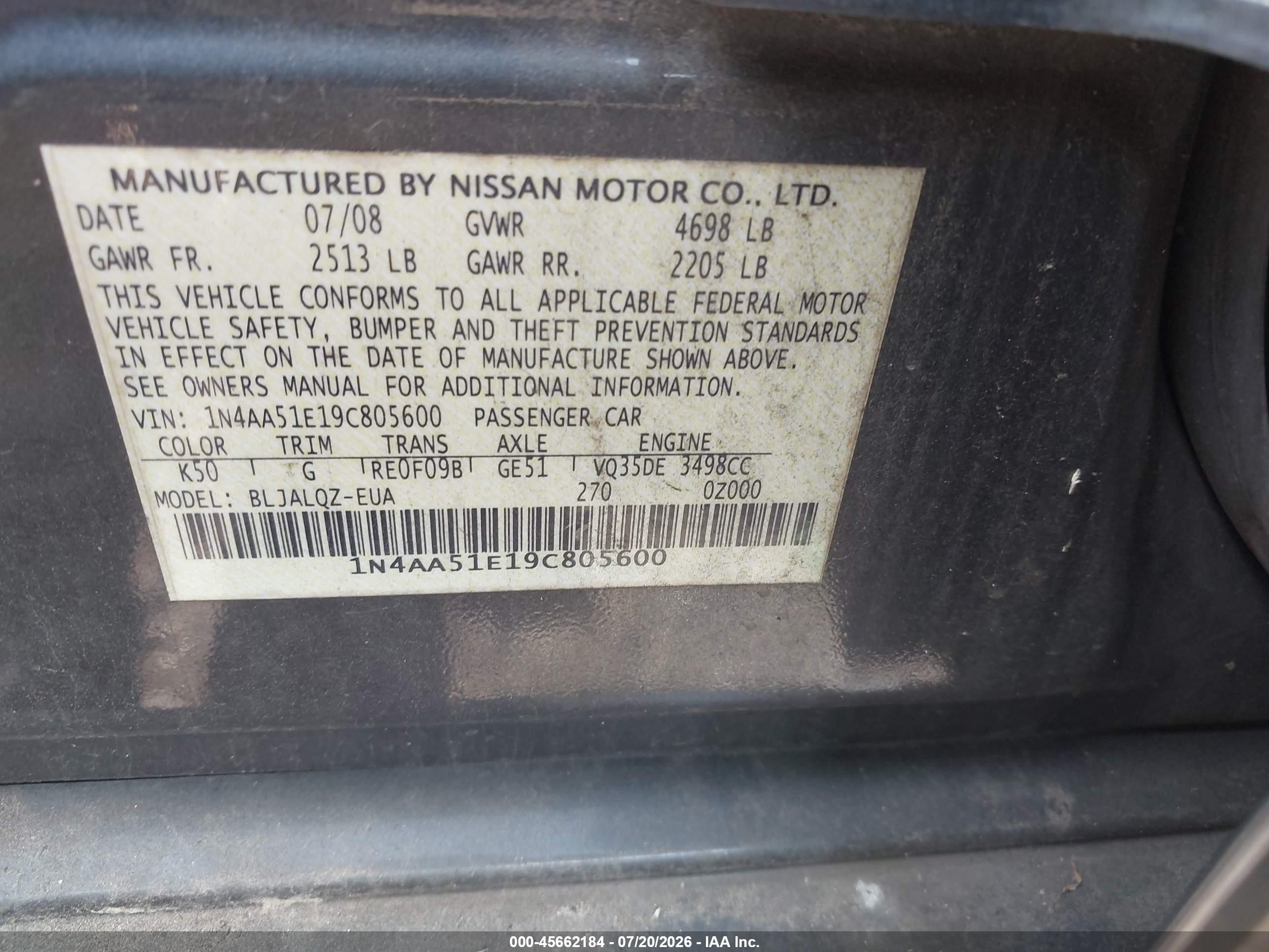 2009 Nissan Maxima 3.5 S Dark Blue vin: 1N4AA51E19C805600