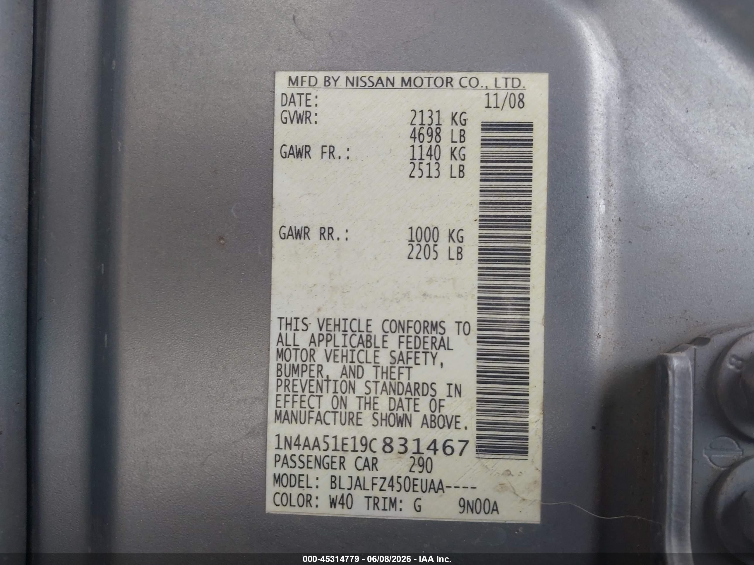 2009 Nissan Maxima 3.5 Sv Gray vin: 1N4AA51E19C831467