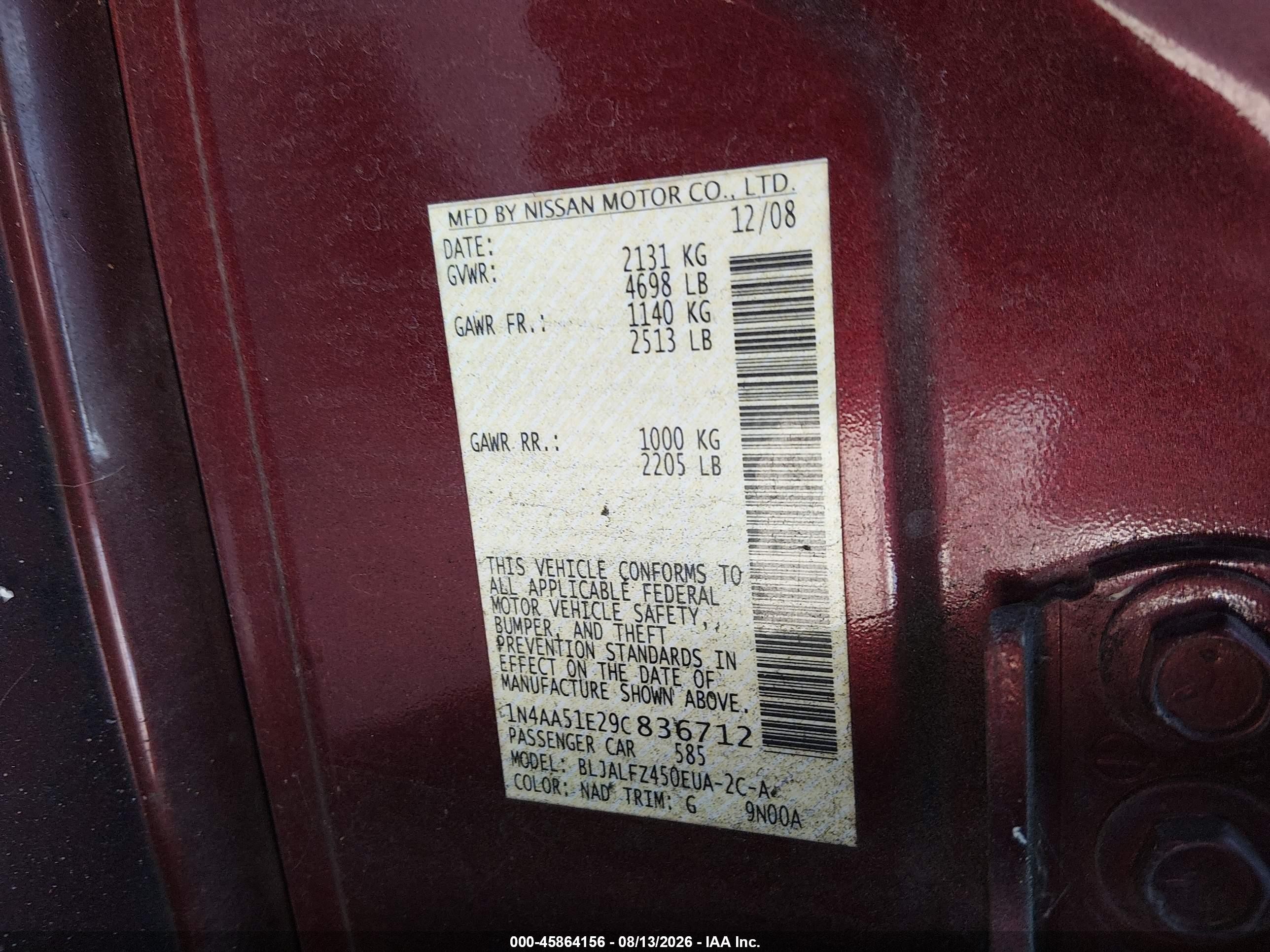 2009 Nissan Maxima 3.5 Sv Maroon vin: 1N4AA51E29C836712