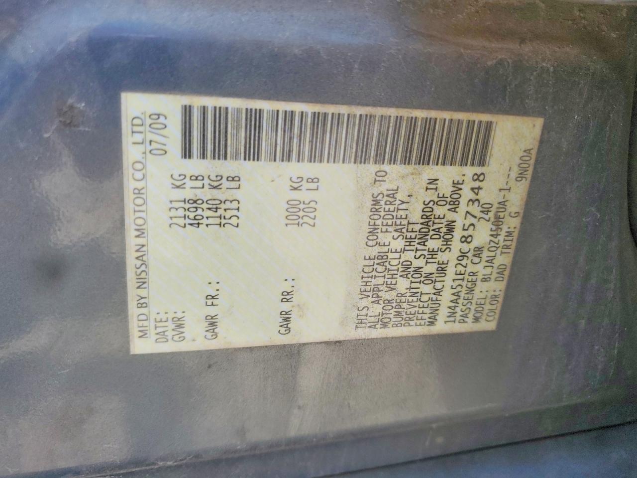 2009 Nissan Maxima S Teal vin: 1N4AA51E29C857348