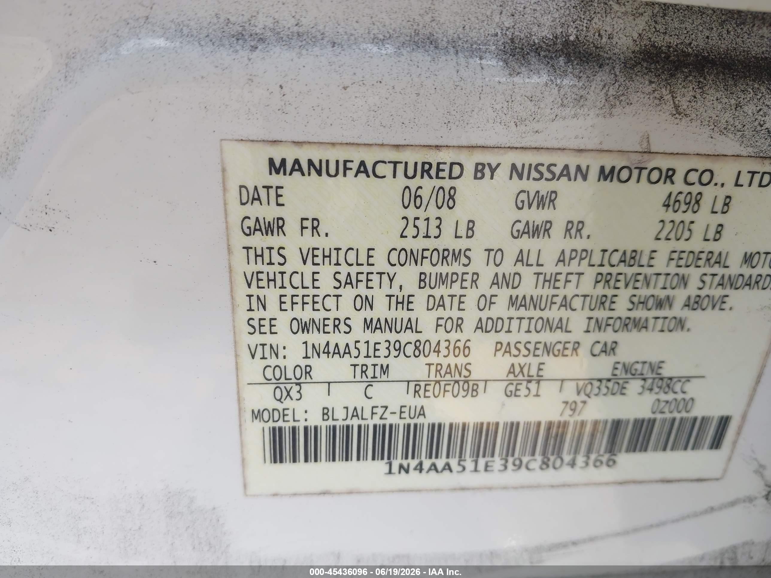 2009 Nissan Maxima 3.5 Sv White vin: 1N4AA51E39C804366