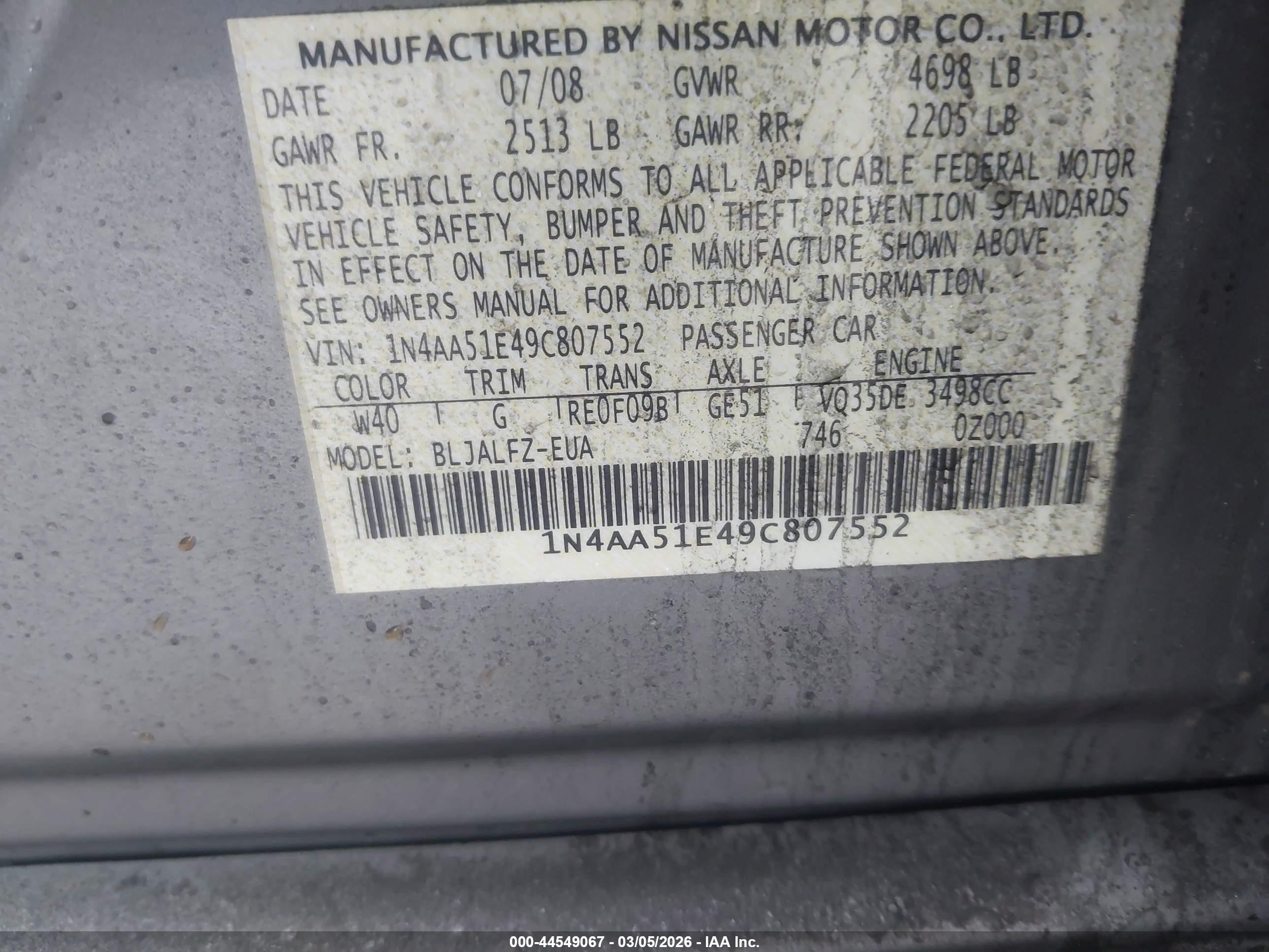 2009 Nissan Maxima 3.5 Sv Gray vin: 1N4AA51E49C807552