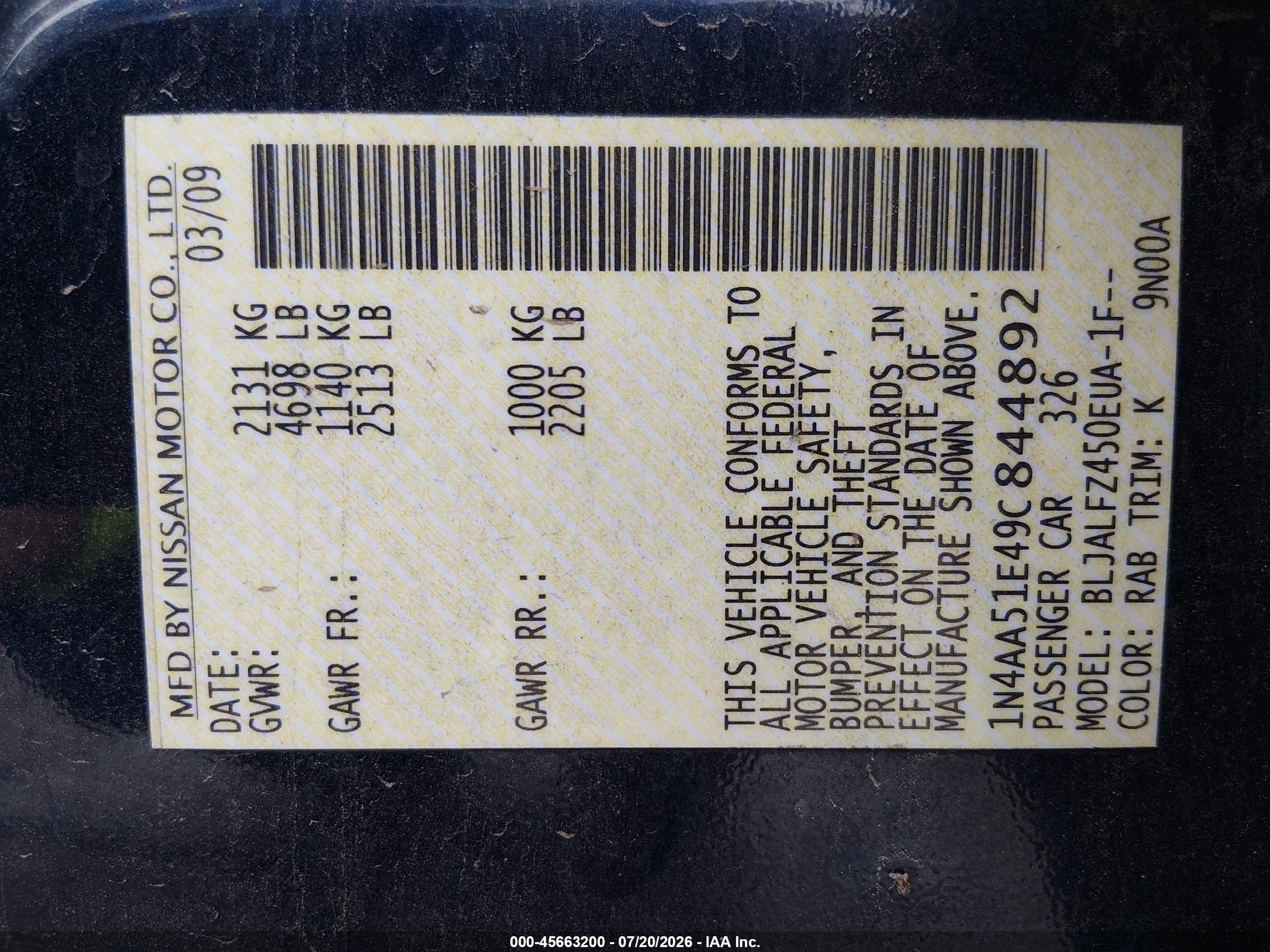 2009 Nissan Maxima 3.5 Sv Blue vin: 1N4AA51E49C844892