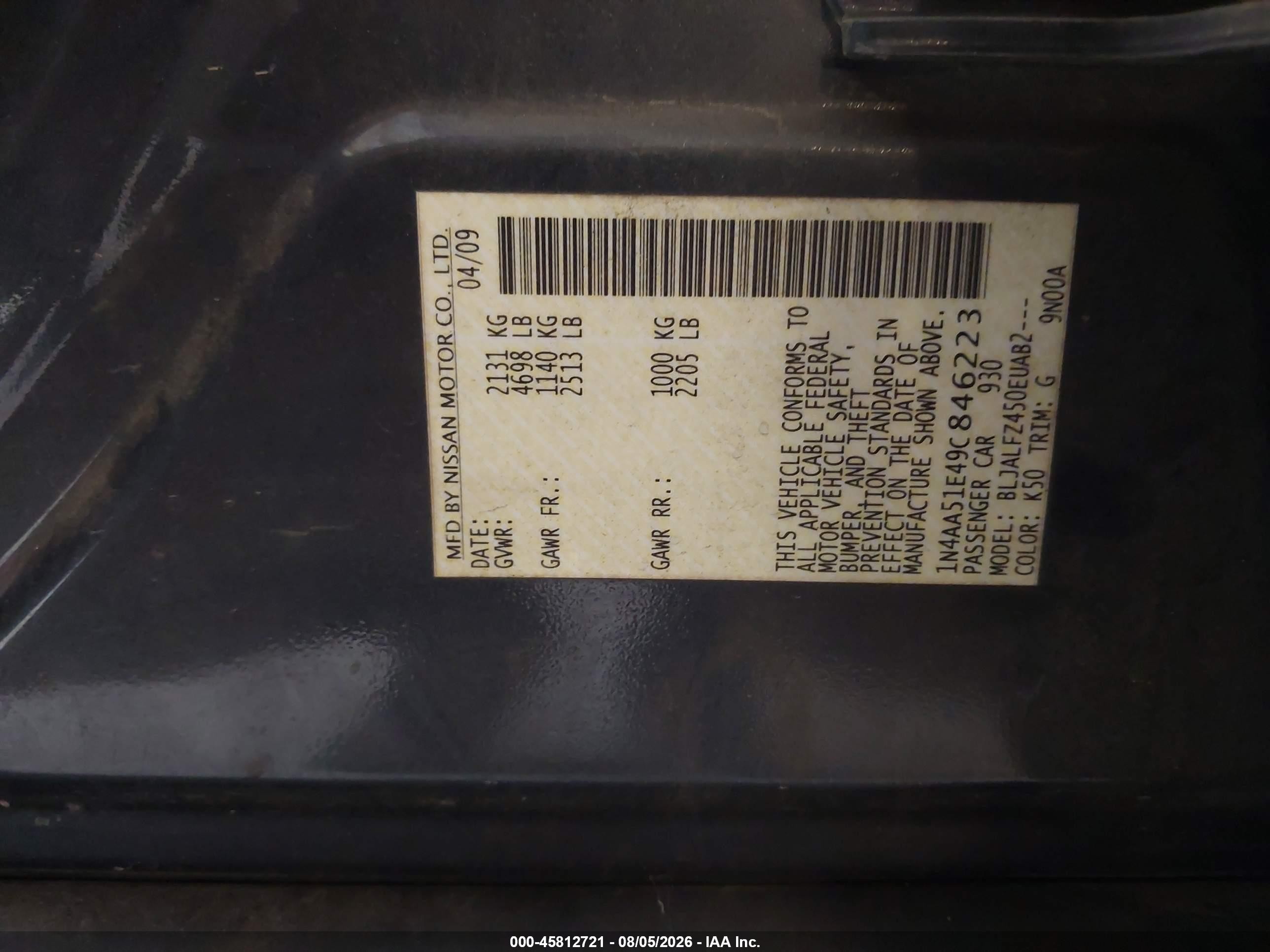 2009 Nissan Maxima 3.5 Sv Gray vin: 1N4AA51E49C846223