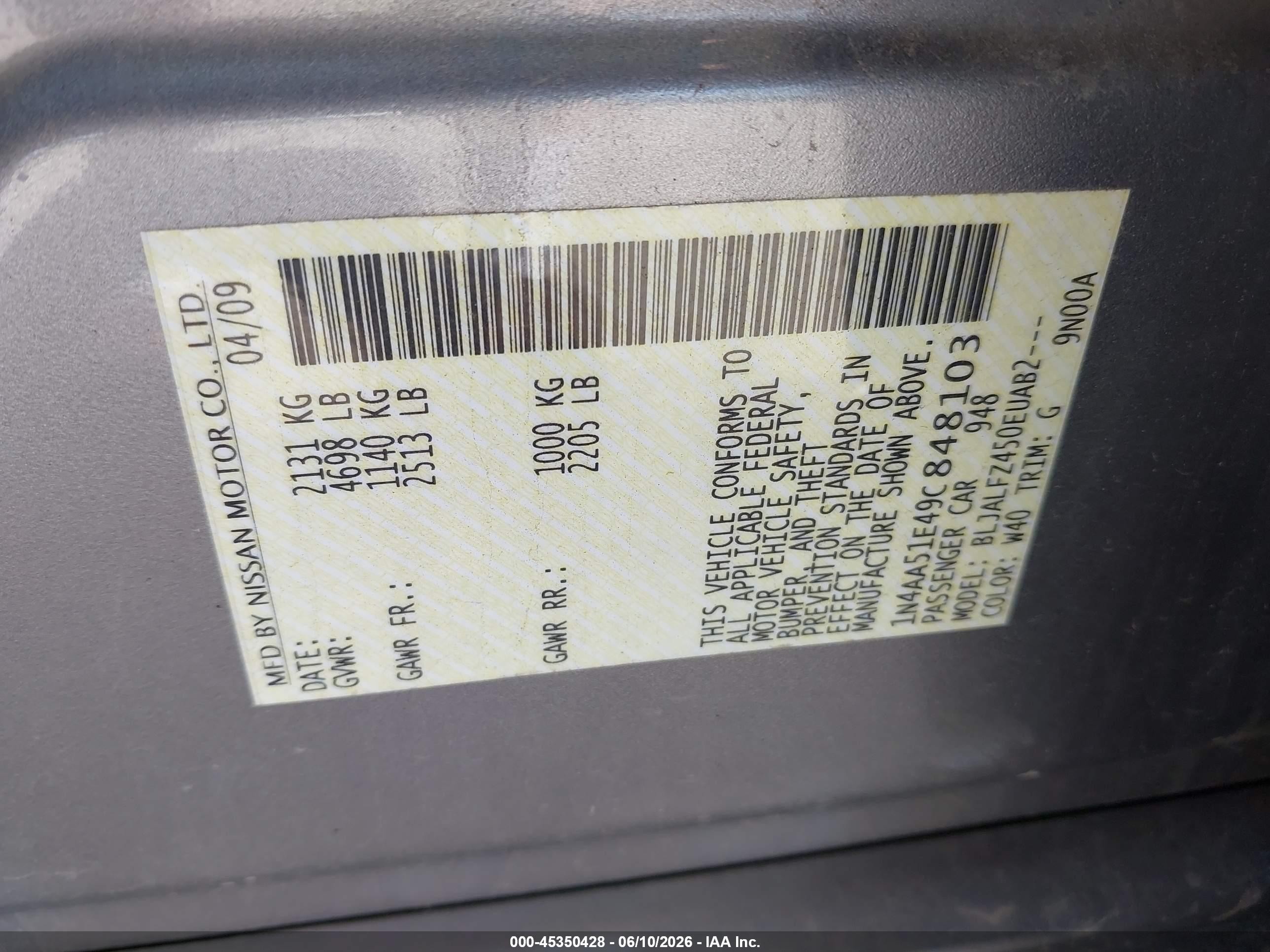 2009 Nissan Maxima 3.5 Sv Silver vin: 1N4AA51E49C848103