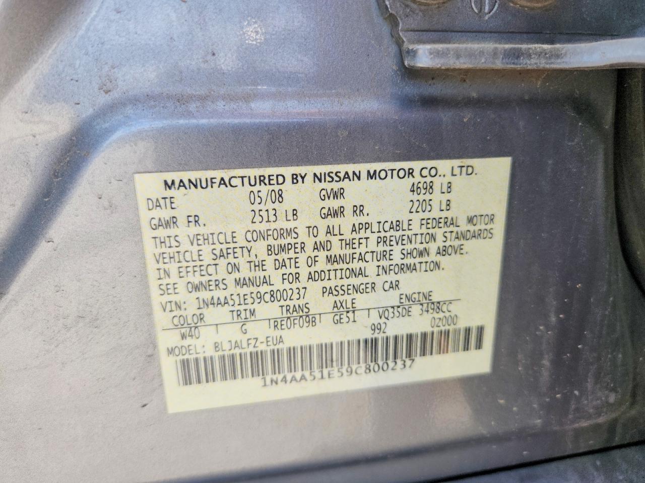 2009 Nissan Maxima S/sv Silver vin: 1N4AA51E59C800237