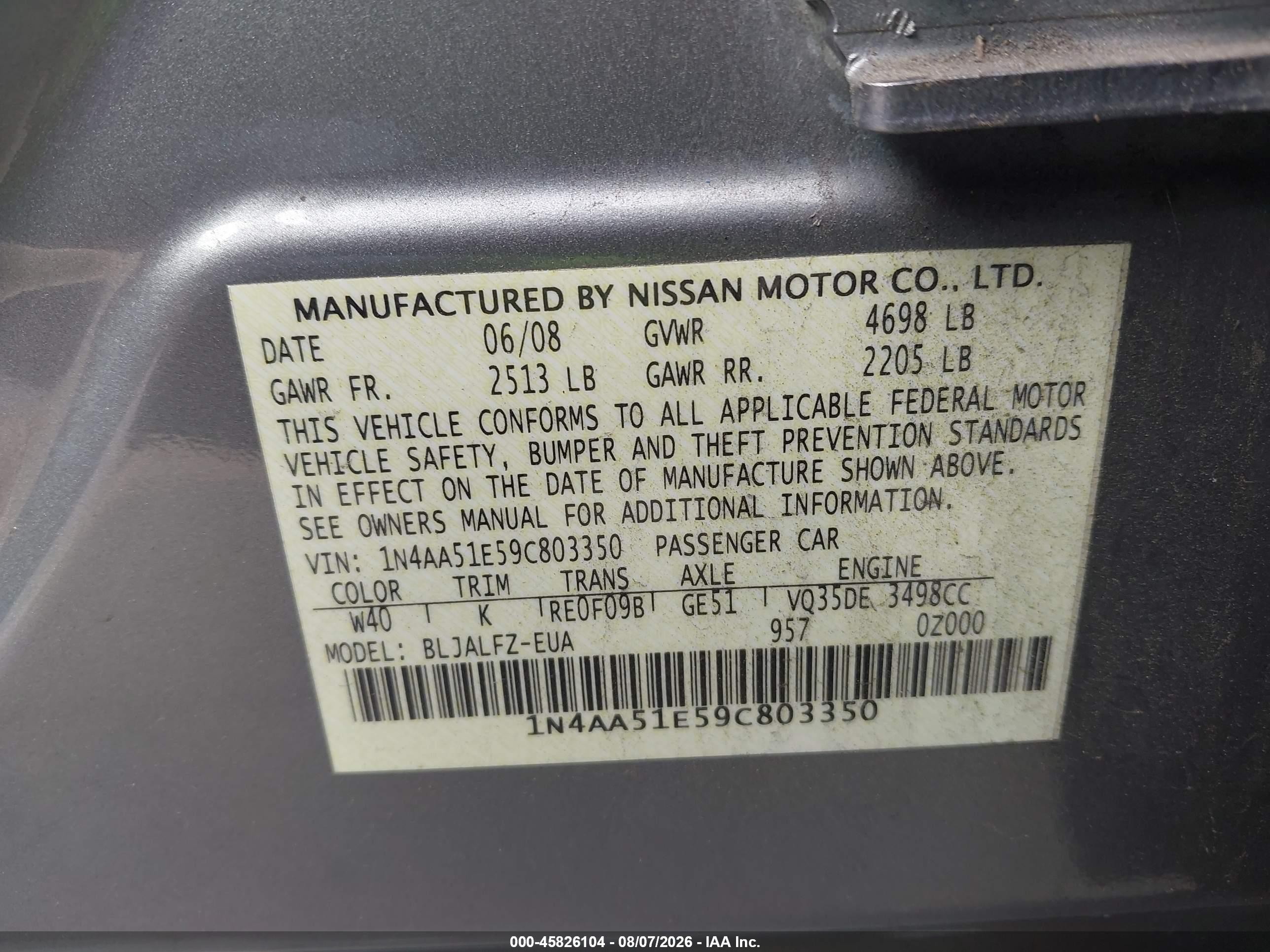 2009 Nissan Maxima 3.5 Sv Gray vin: 1N4AA51E59C803350