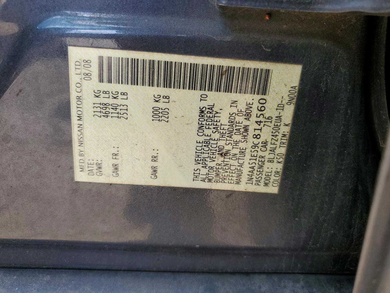 2009 Nissan Maxima 3.5 S Charcoal vin: 1N4AA51E59C814560