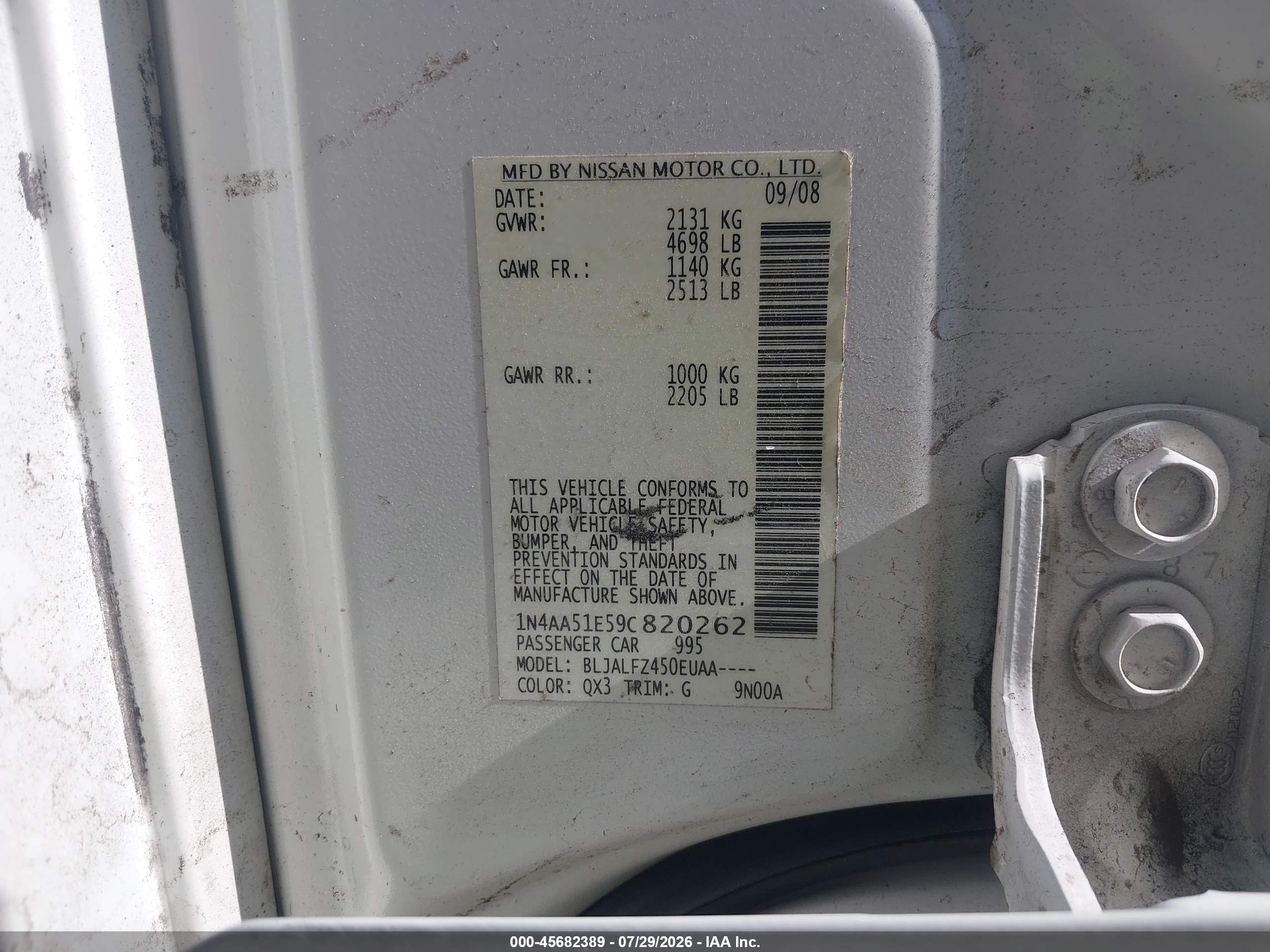2009 Nissan Maxima 3.5 Sv White vin: 1N4AA51E59C820262