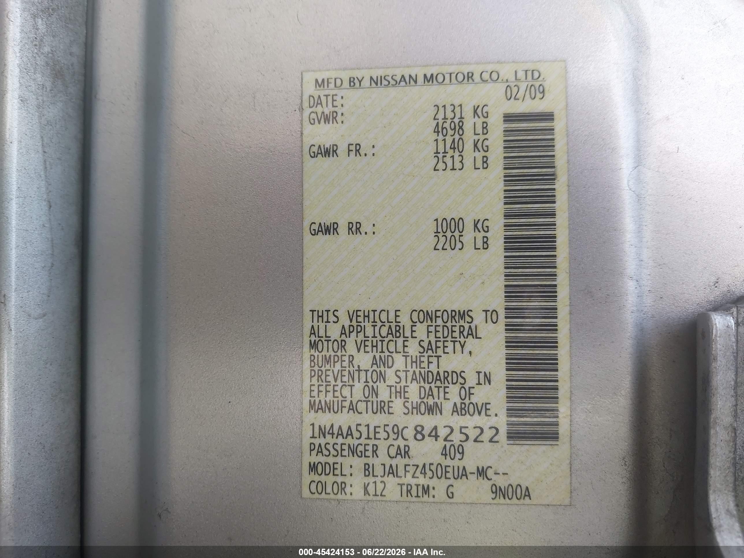 2009 Nissan Maxima 3.5 Sv Silver vin: 1N4AA51E59C842522