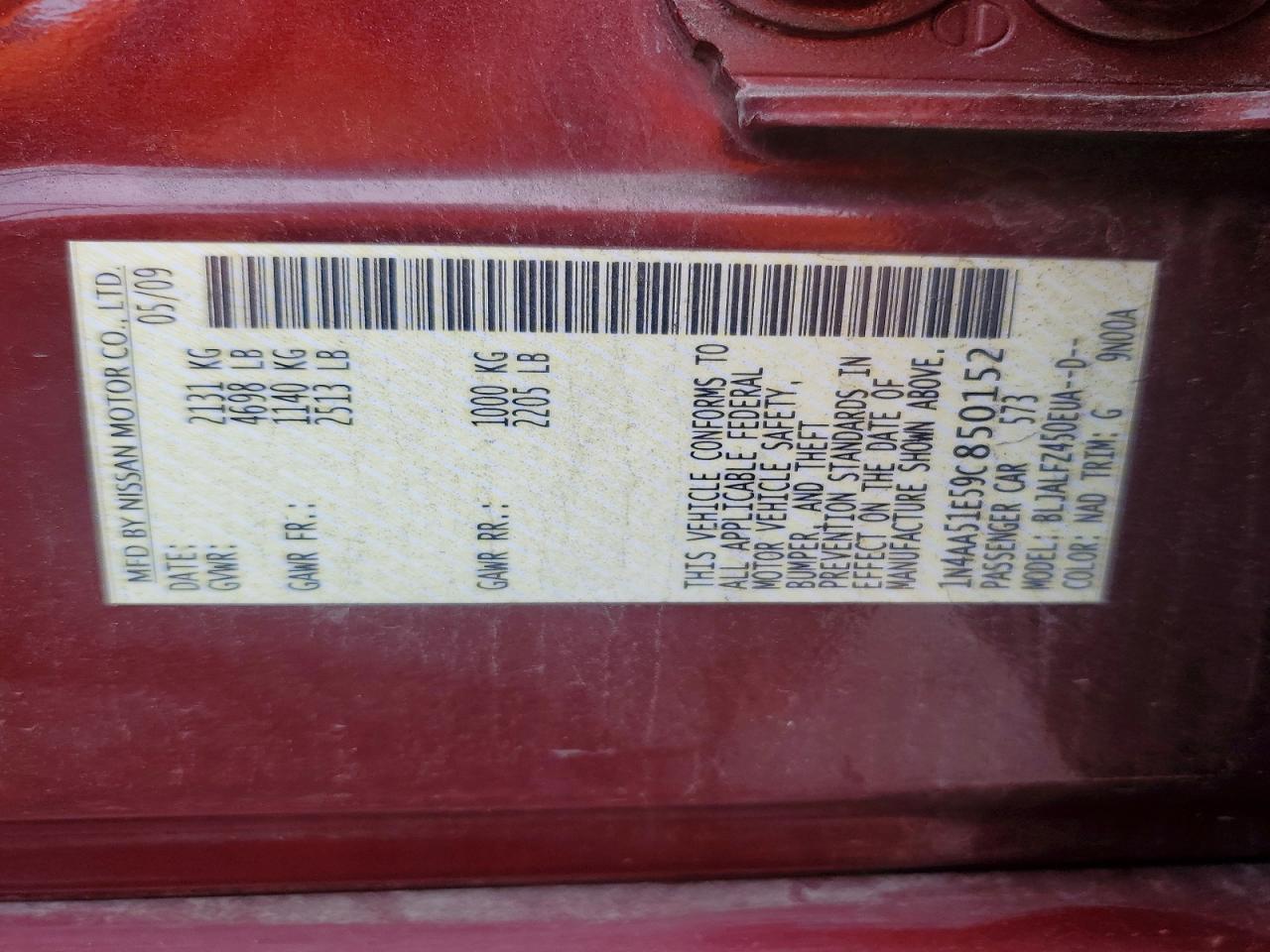 2009 Nissan Maxima 3.5 S Red vin: 1N4AA51E59C850152