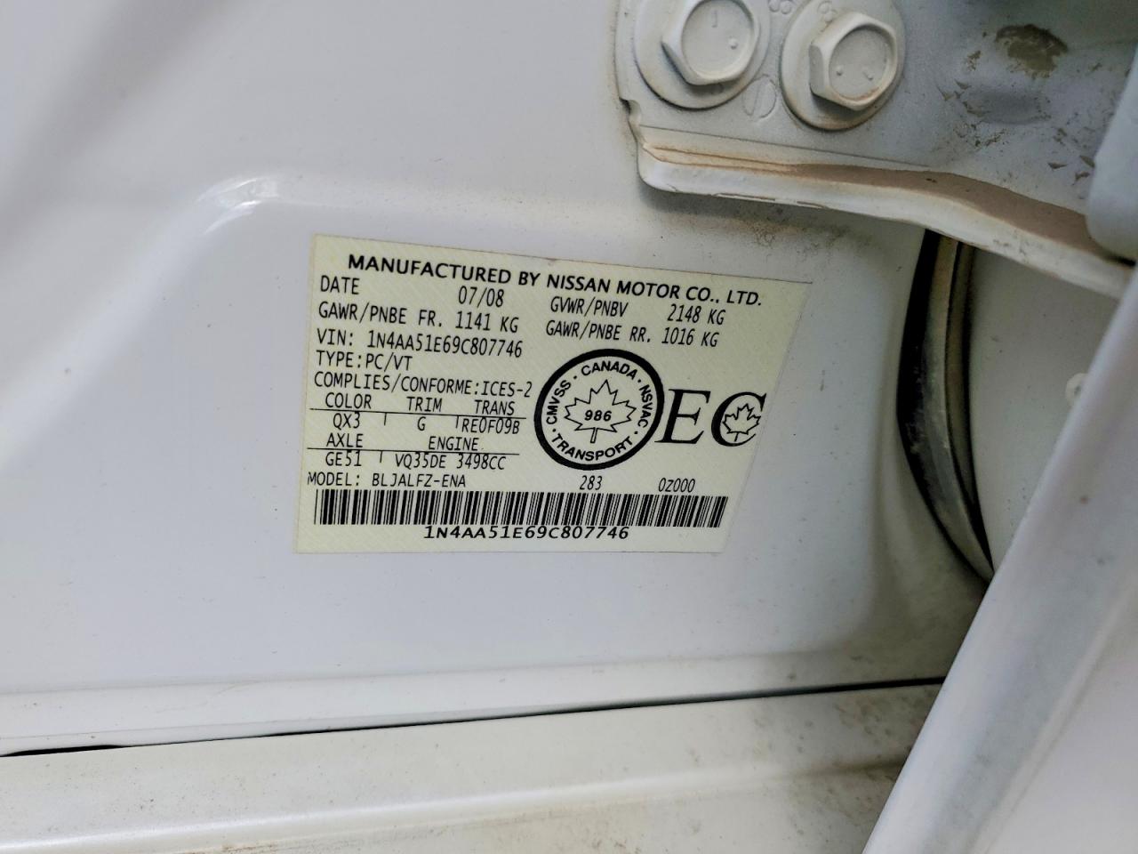 2009 Nissan Maxima Белый vin: 1N4AA51E69C807746