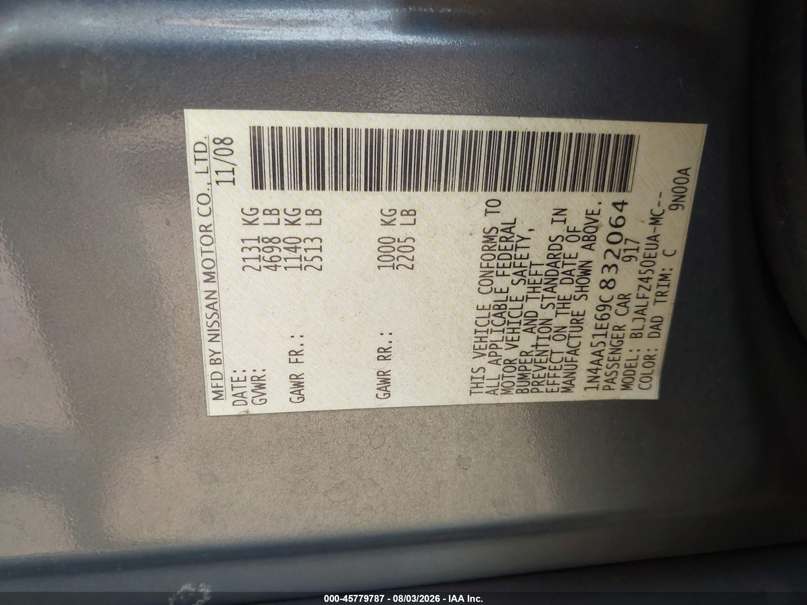 2009 Nissan Maxima 3.5 Sv Gray vin: 1N4AA51E69C832064