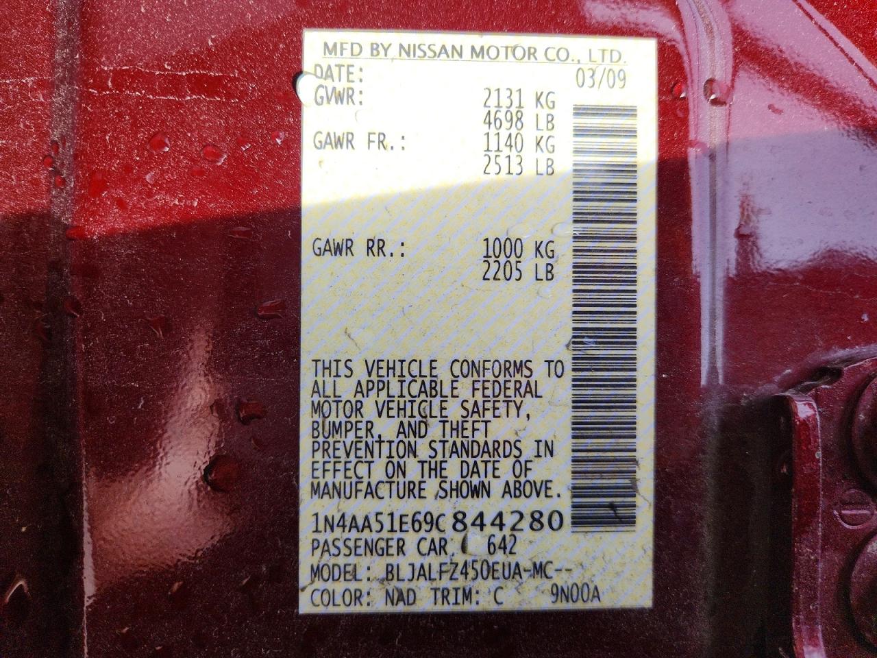 2009 Nissan Maxima 3.5 S Burgundy vin: 1N4AA51E69C844280