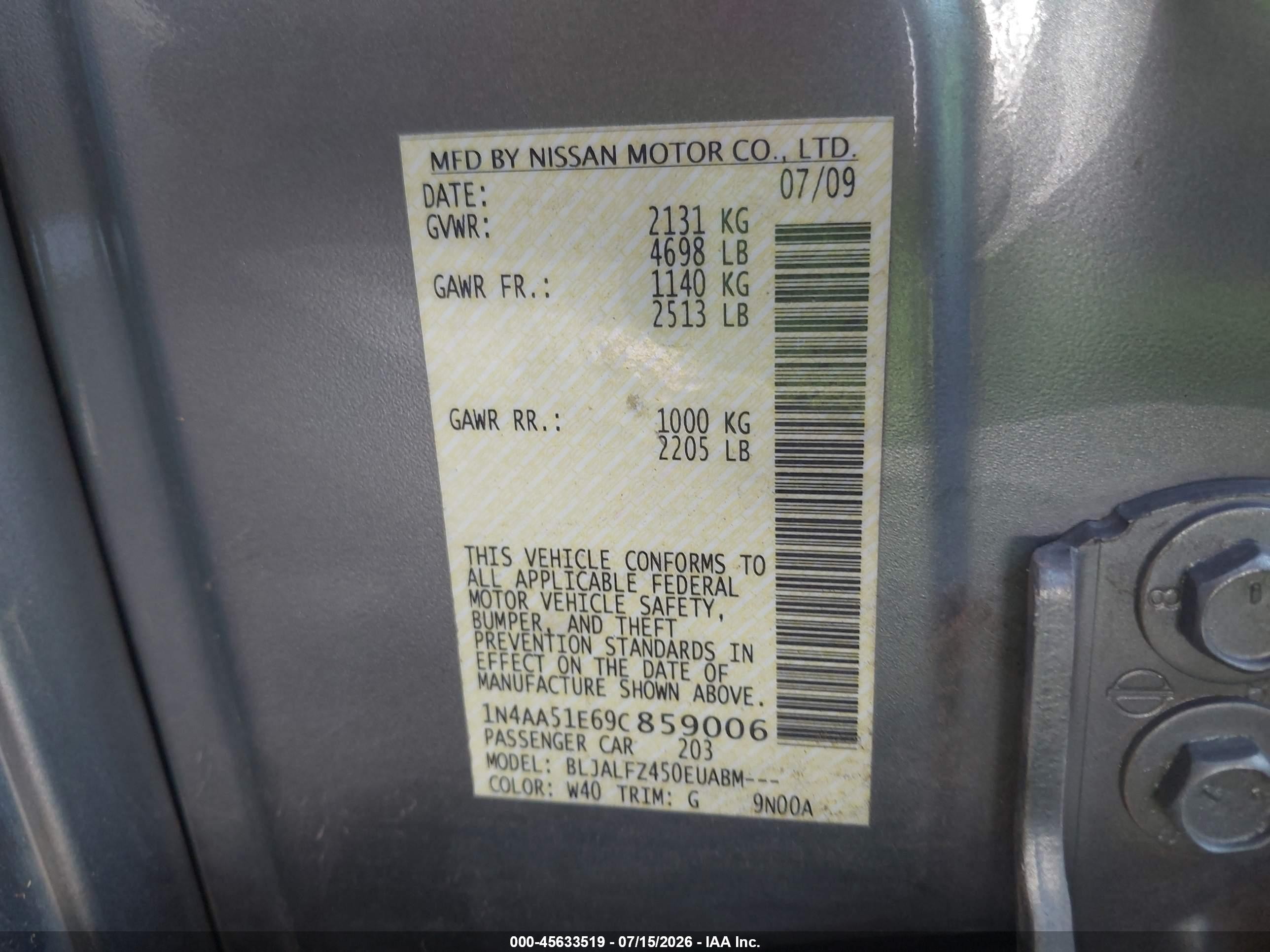 2009 Nissan Maxima 3.5 Sv Gray vin: 1N4AA51E69C859006
