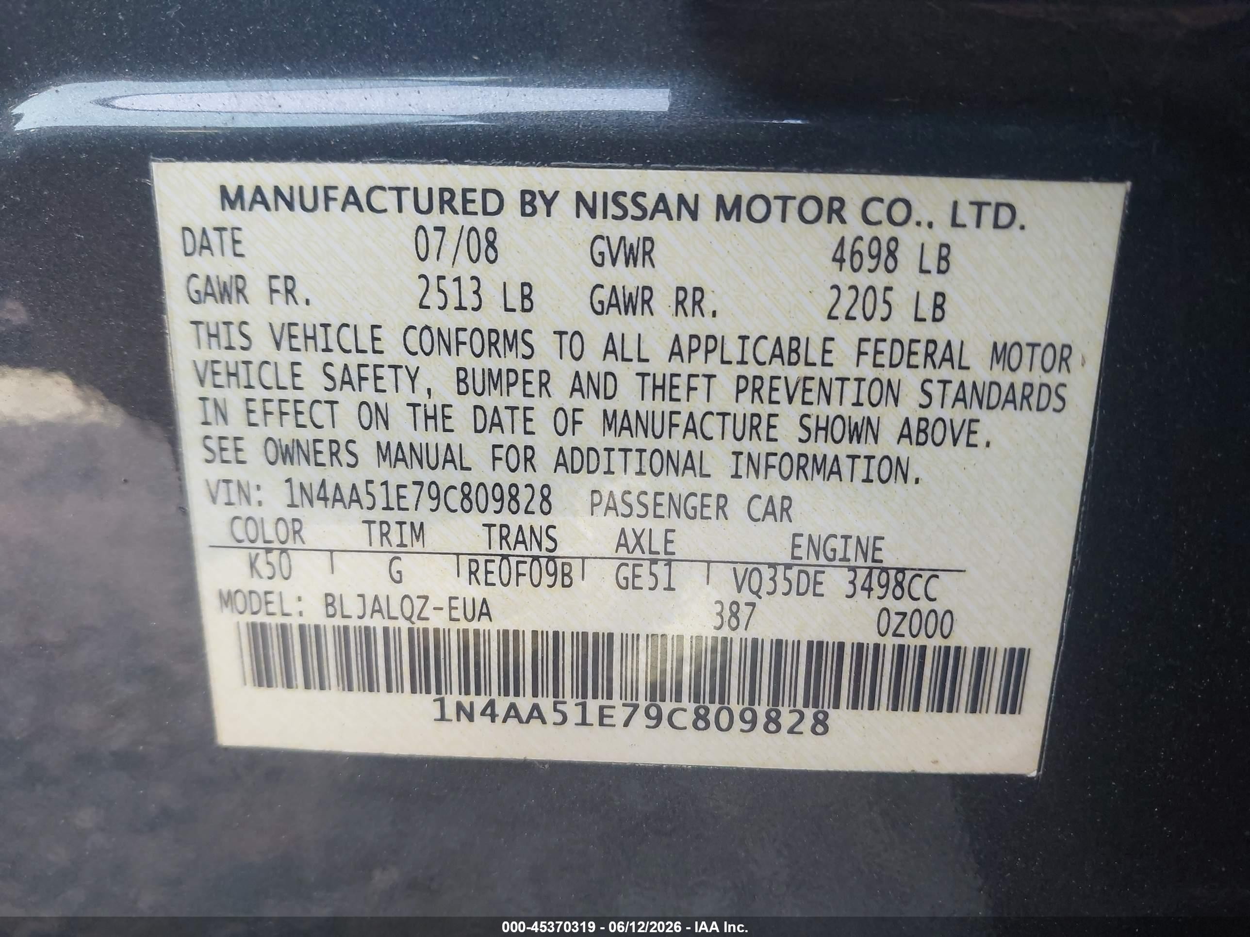 2009 Nissan Maxima 3.5 S Gray vin: 1N4AA51E79C809828