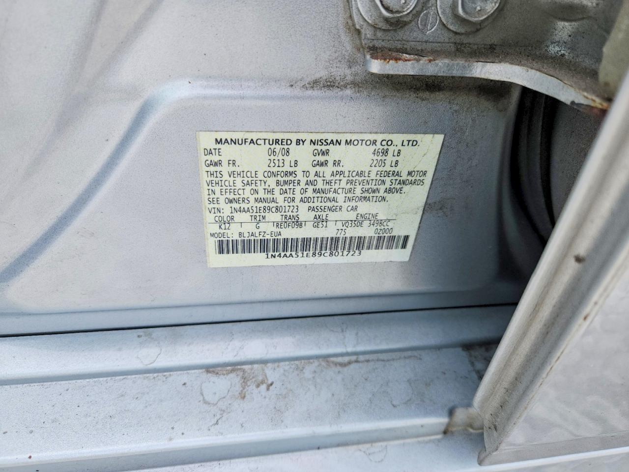 2009 Nissan Maxima 3.5 S Silver vin: 1N4AA51E89C801723