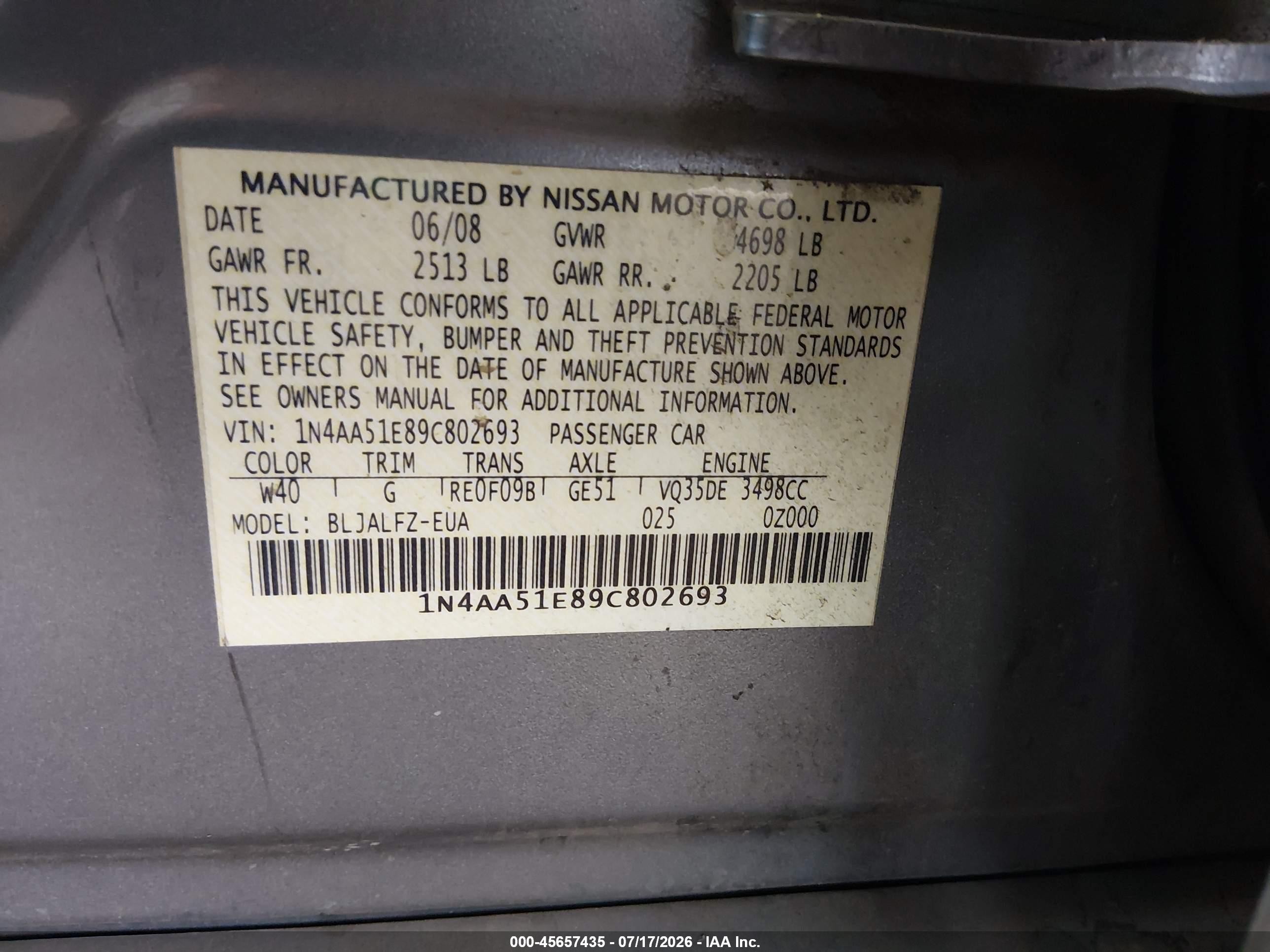 2009 Nissan Maxima 3.5 Sv Gray vin: 1N4AA51E89C802693