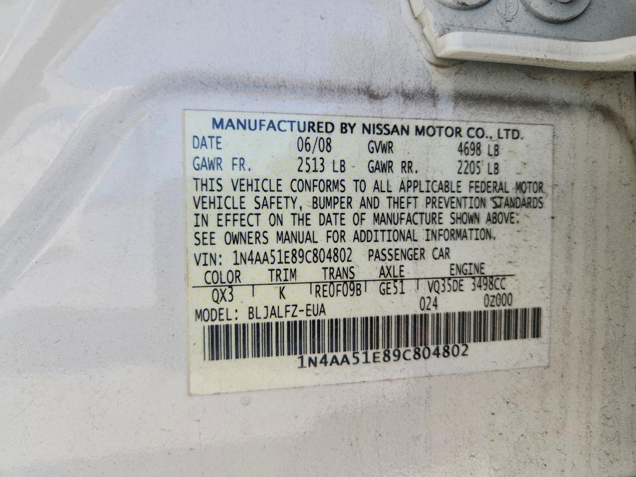2009 Nissan Maxima Белый vin: 1N4AA51E89C804802