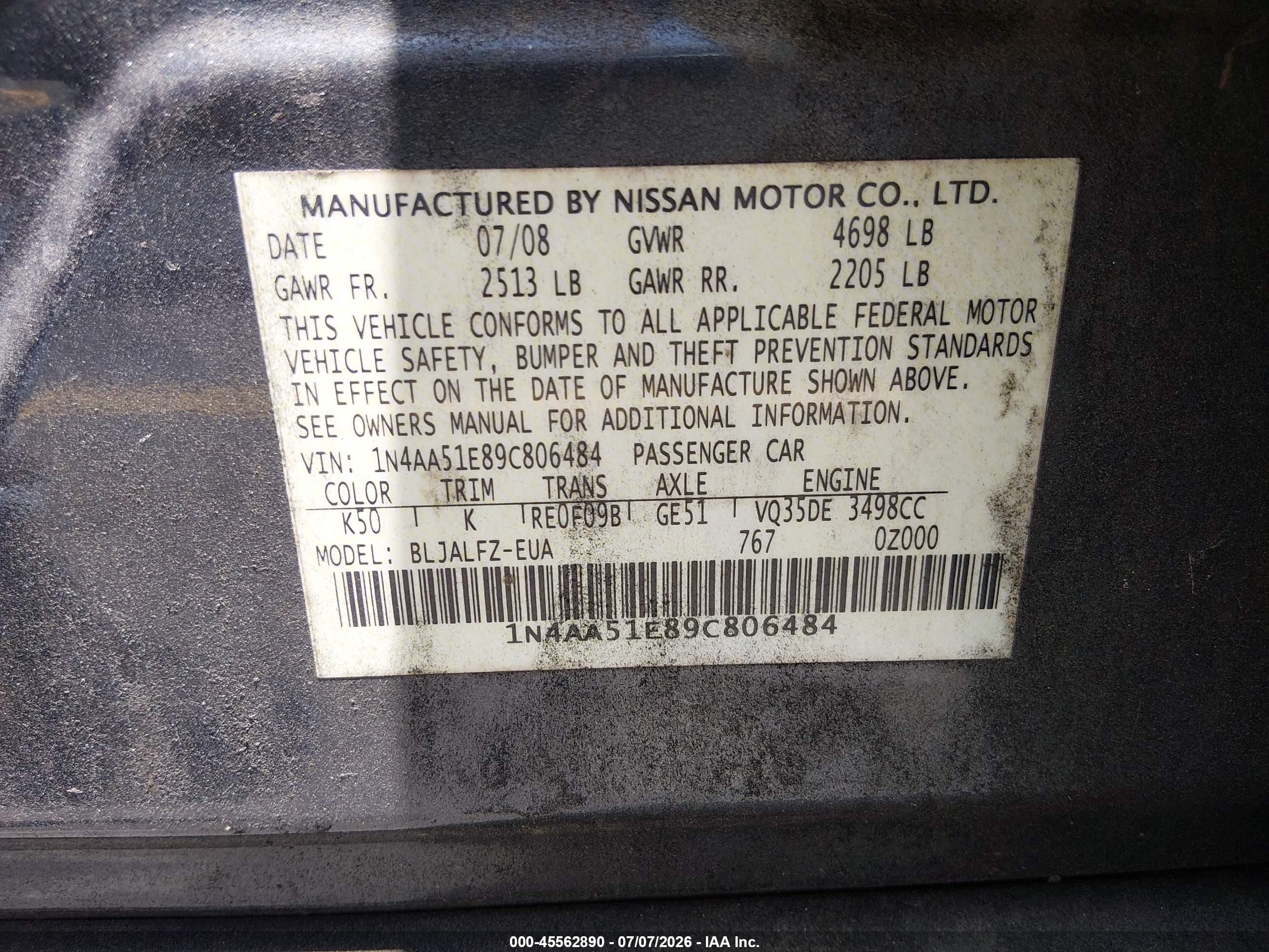 2009 Nissan Maxima 3.5 Sv Gray vin: 1N4AA51E89C806484
