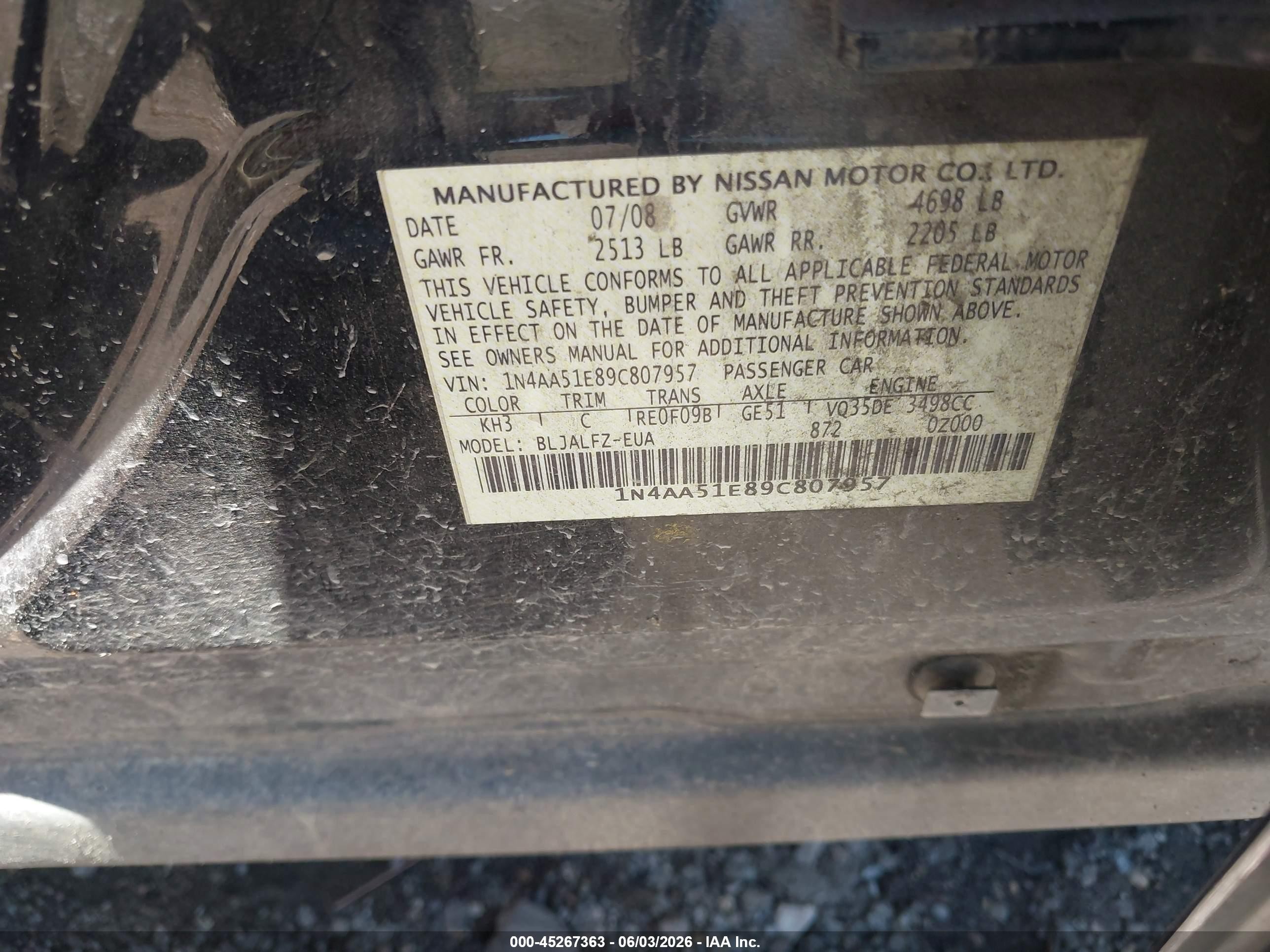 2009 Nissan Maxima 3.5 Sv Black vin: 1N4AA51E89C807957
