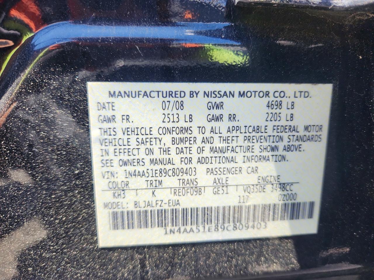 2009 Nissan Maxima 3.5 S Black vin: 1N4AA51E89C809403
