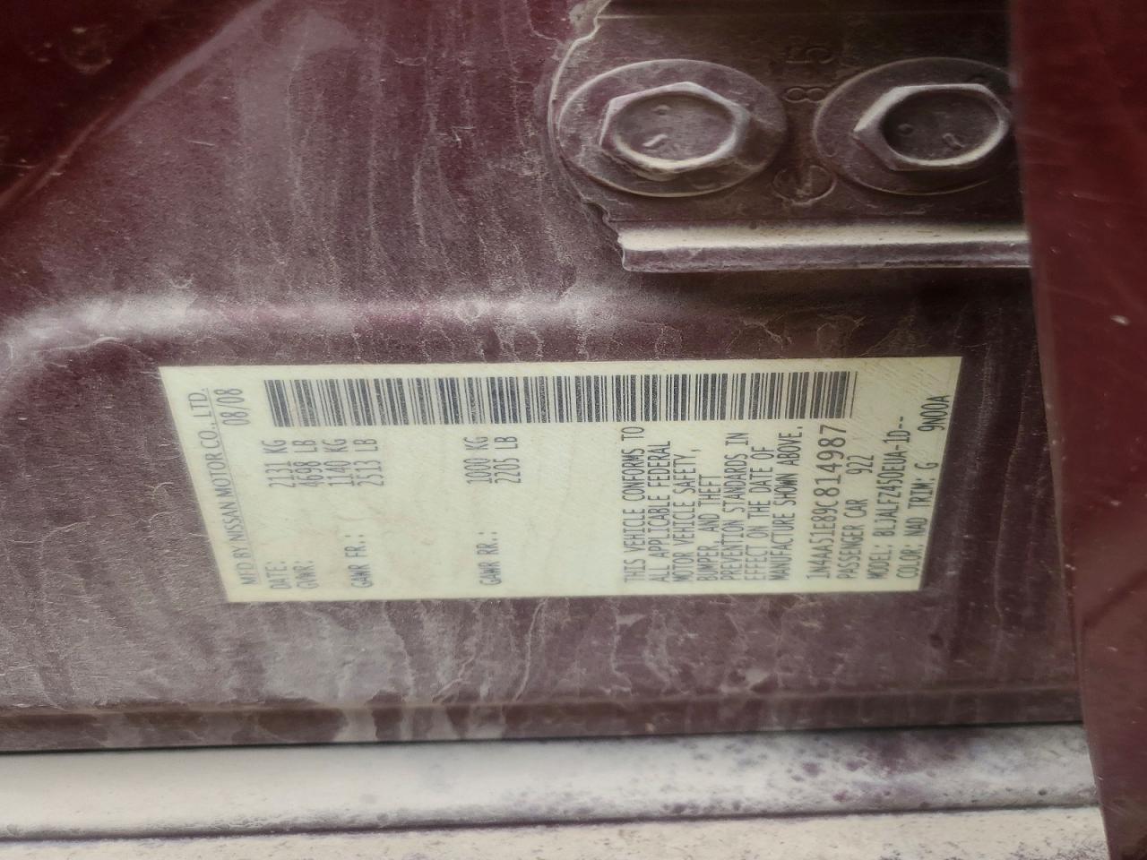 2009 Nissan Maxima 3.5 S Red vin: 1N4AA51E89C814987