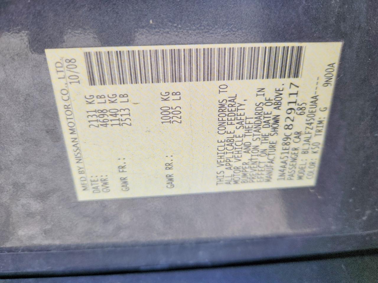 2009 Nissan Maxima 3.5 S Black vin: 1N4AA51E89C829117