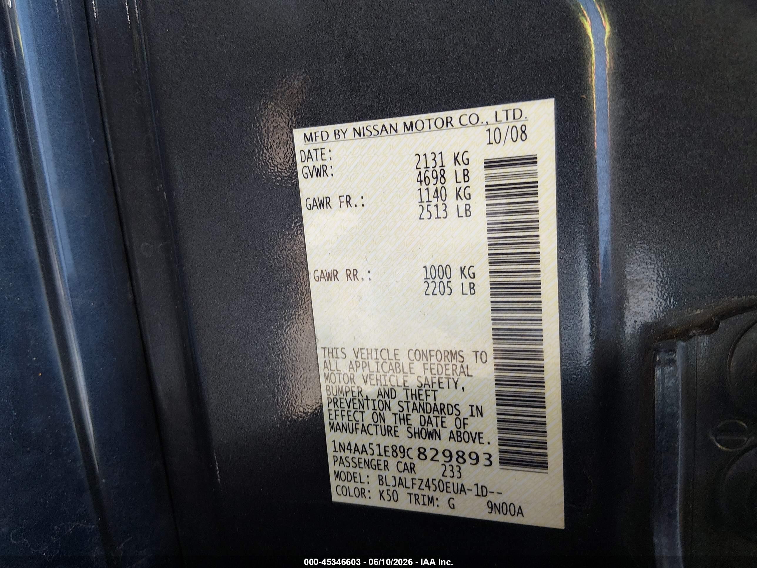 2009 Nissan Maxima 3.5 Sv Black vin: 1N4AA51E89C829893