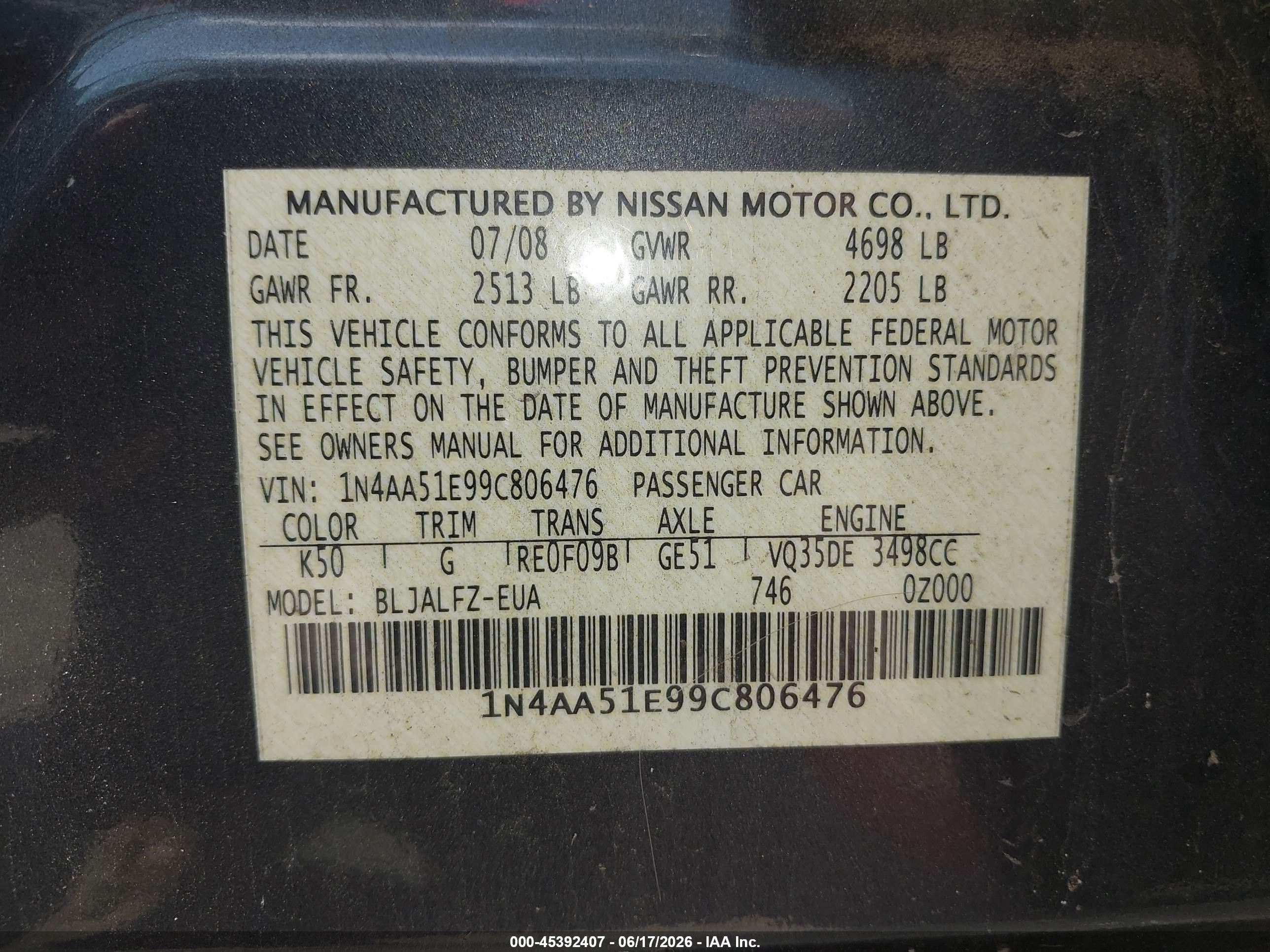 2009 Nissan Maxima 3.5 Sv Gray vin: 1N4AA51E99C806476